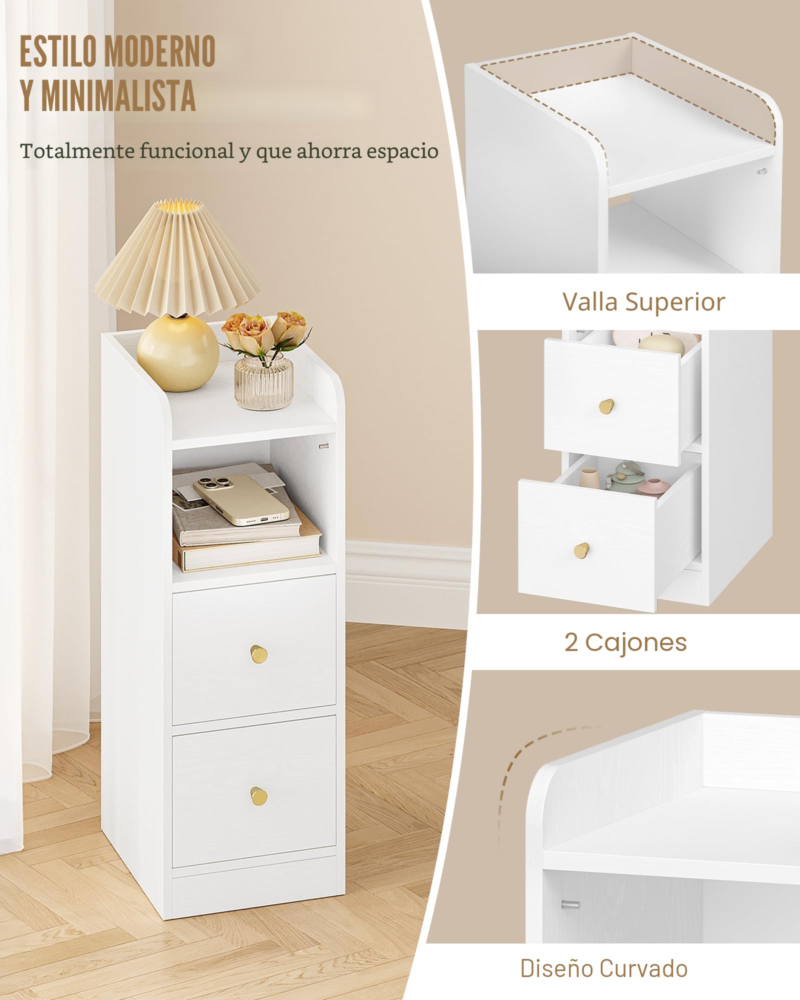 Hzuaneri Mesilla de Noche, Mesas Auxiliares con 2 Cajones, Protector Superior, para Espacios reducidos, para Dormitorio, Salón, 30 x 24 x 65 cm, Blanca con Grano de Madera NS62113X