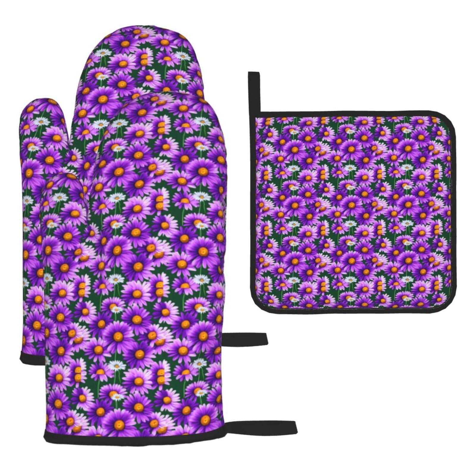 Purple Daisy Print Oven Mitts Kitchen Gloves Set Everyday Baking Grilling Microwaving Cooking Gift