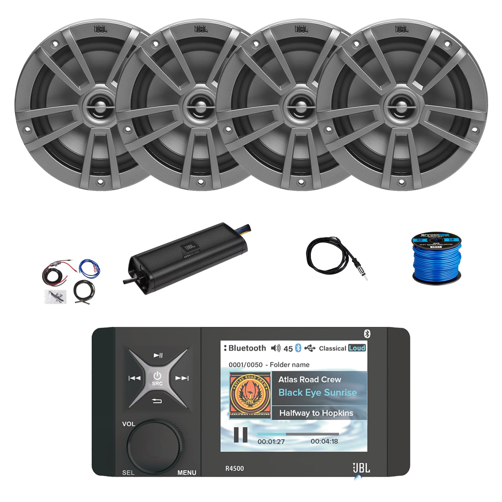 Marine Bluetooth AM/FM/WeatherBand Radio Receiver, 4X 6.5 180 Watt 2-Way Multi-Element Audio Speakers (Gray), Wire, Antenna, 4-Channel 1250W Amplifier w/Kit