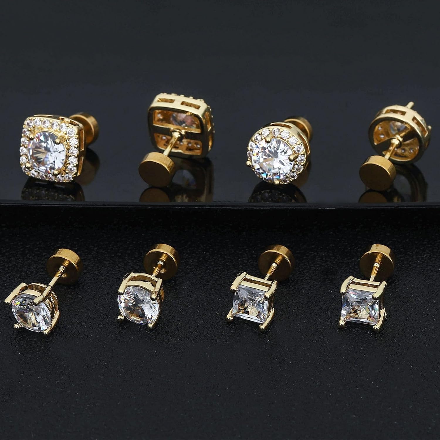 NEWITIN 4 Pairs Stainless Steel Stud Earrings for Men Hypoallergenic Earring Flatback Earring Screw Back Silver Gold Studs Inlaid Cubic Zirconia Stud Earrings for Women Men - Image 3