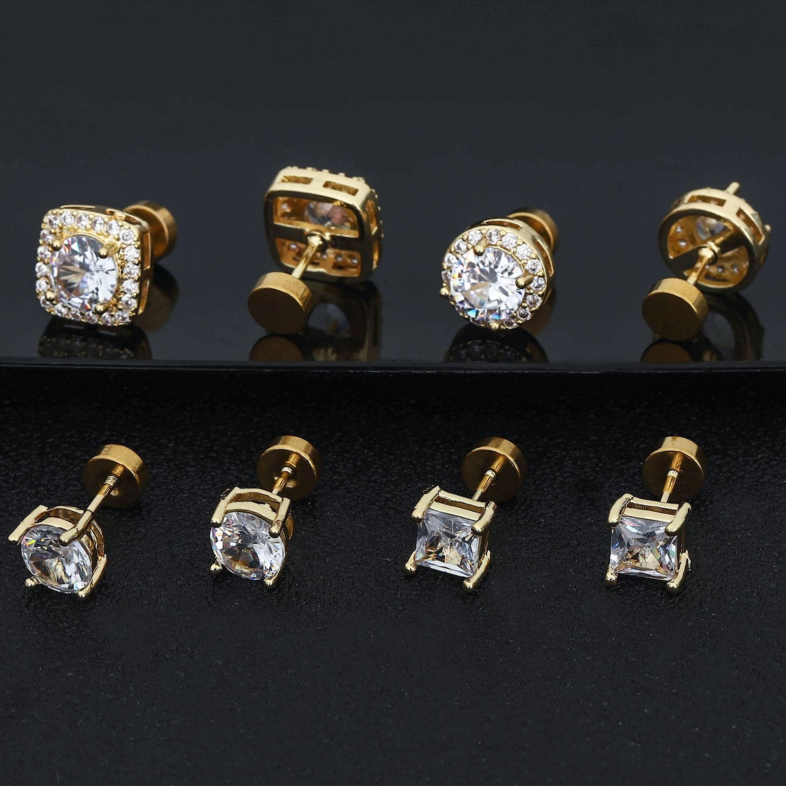 NEWITIN 4 Pairs Stainless Steel Stud Earrings for Men Hypoallergenic Earring Flatback Earring Screw Back Studs Inlaid Cubic Zirconia Stud Earrings for Women Men