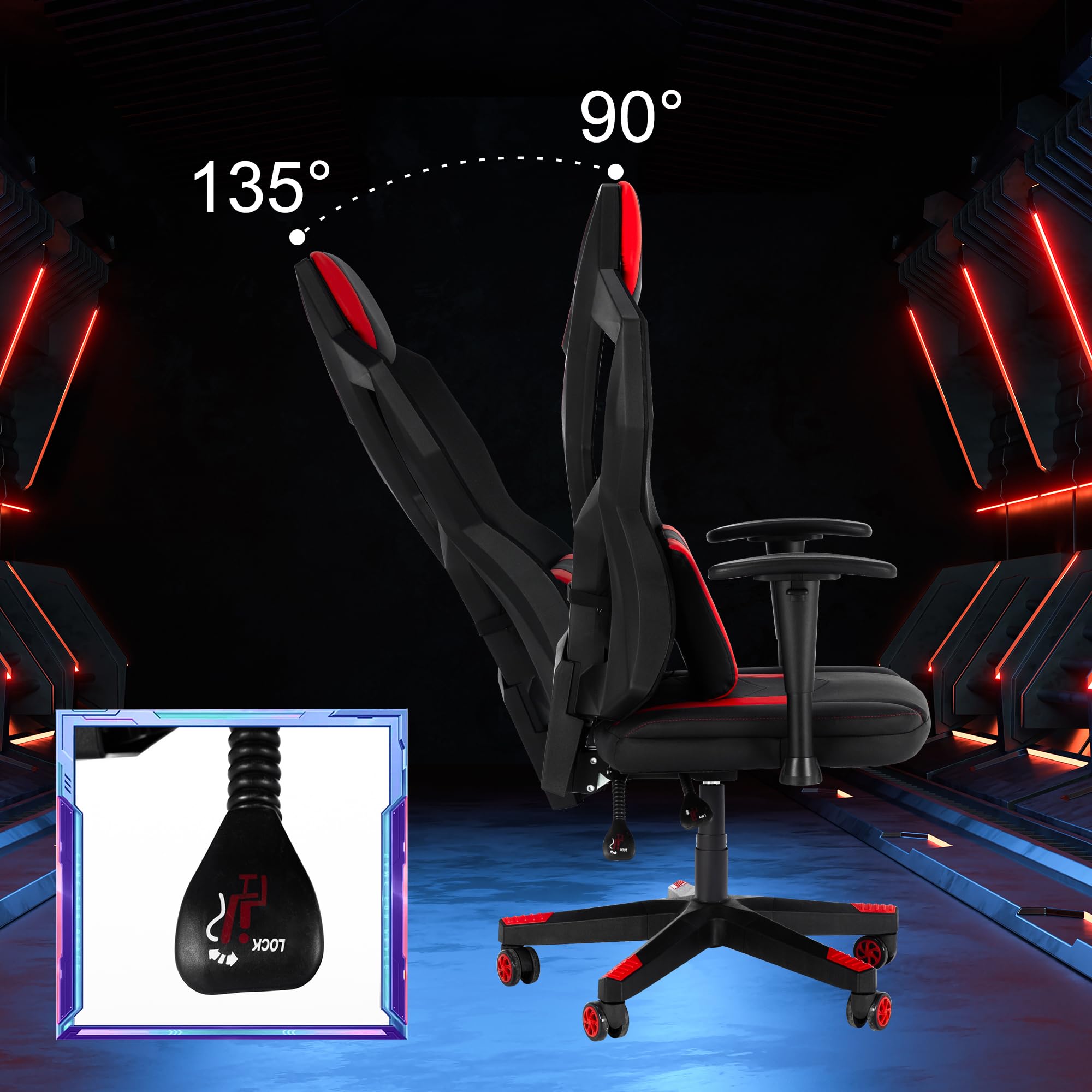 Silla de juegos con luces LED RGB, silla de videojuegos ergonómica para computadora con soporte lumbar de masaje (rojo) 6