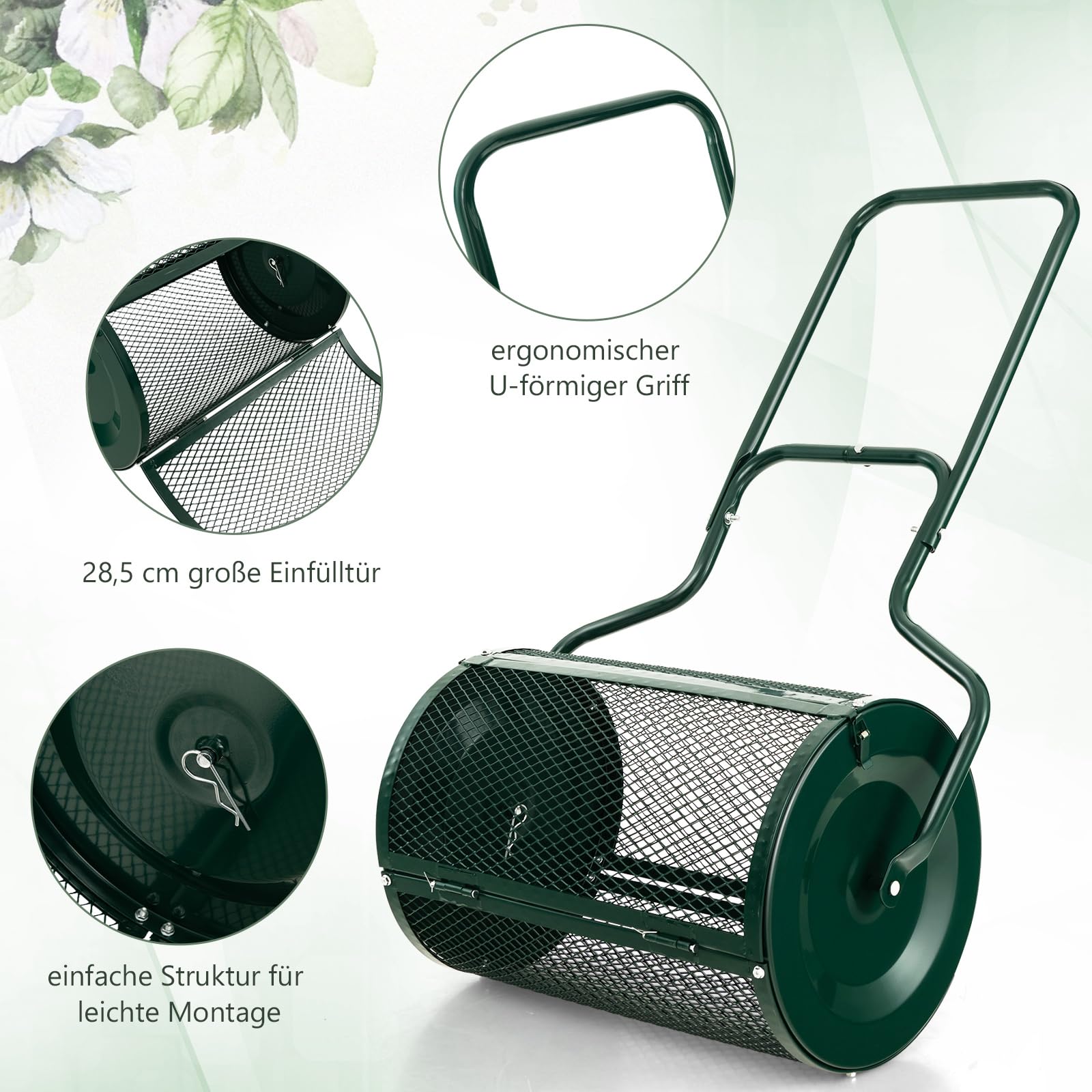 FANTASK Épandeur de Mousse de Tourbe 75 l avec poignée en U - Épandeur d'engrais pour pelouse - Vert