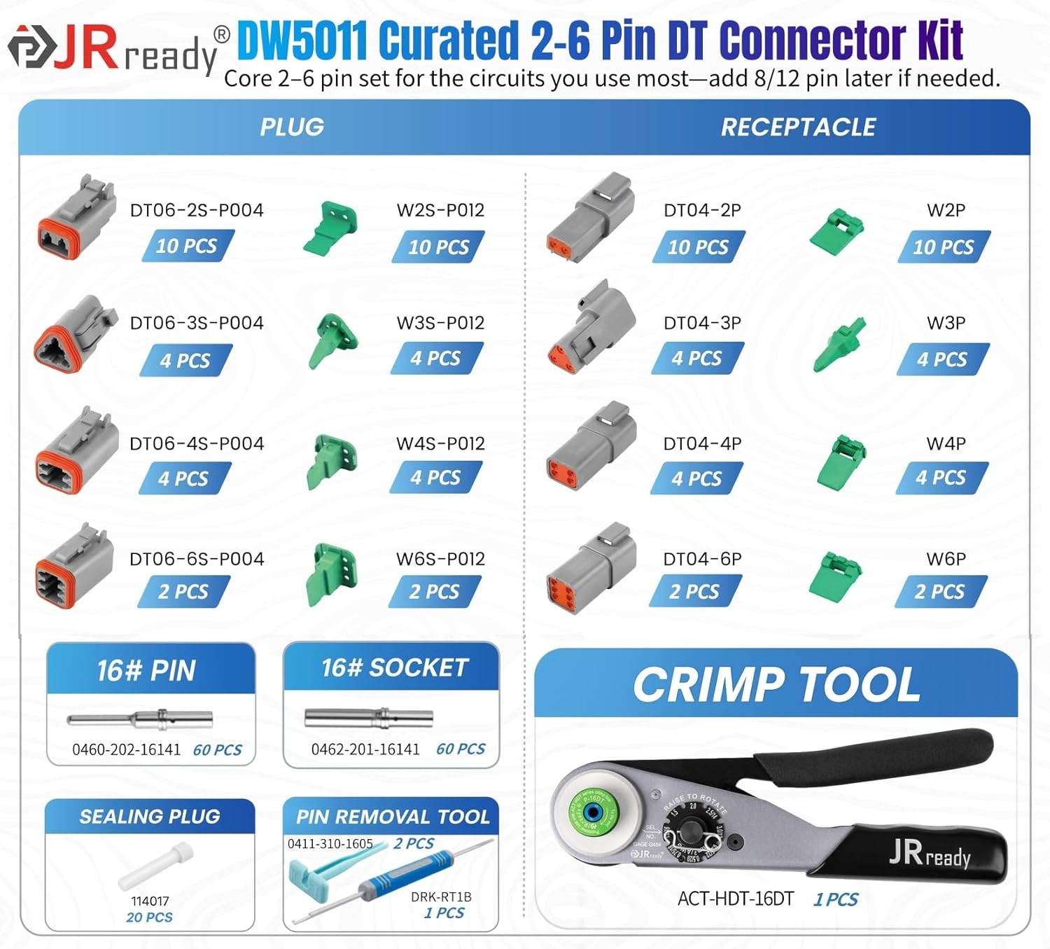 JRready DW5011 Deutsch Connector Kit - DT Connectors 2 3 4 6 Pin, Size 16# Solid Contacts16-20 AWG, Deutsch Crimp Tool & Pin Removal Tool. IP68 Waterproof Automotive Electrical Connectors