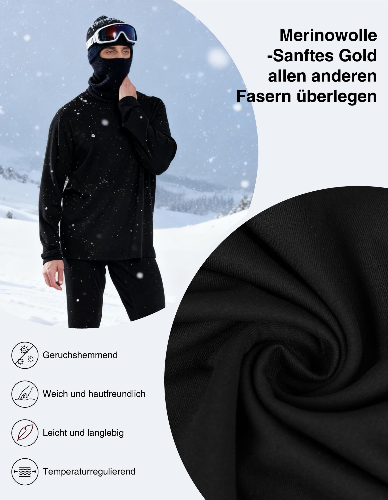 Merinowolle Thermounterwäsche Herren, Set aus Ober- und Unterteil | Ober- und Unterteil aus feiner 17,5-Mikron-Merinowolle für atmungsaktive Wärme, Feuchtigkeitsmanagement und kalte Tage.