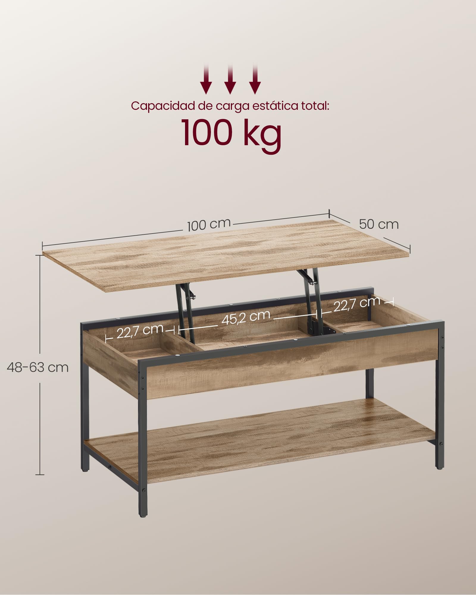VASAGLE Mesa de Centro Elevable, Mesa de Salón con Almacenamiento Abierto y Compartimentos Ocultos, 50 x 100 cm, Marrón Camello y Negro Tinta LCT261LB02