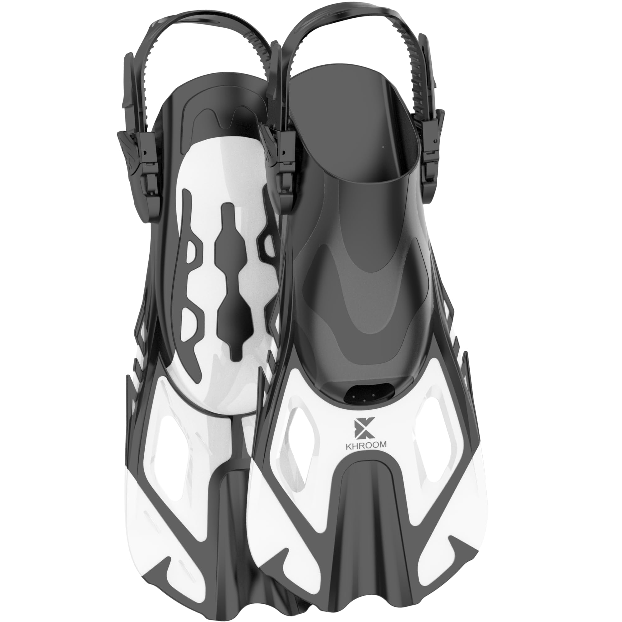 Khroom short fins adults / children size 32-47 | adjustable snorkel fins short | swim fins short fins for snorkelling | diving fins adjustable for swimming white 4,5-8