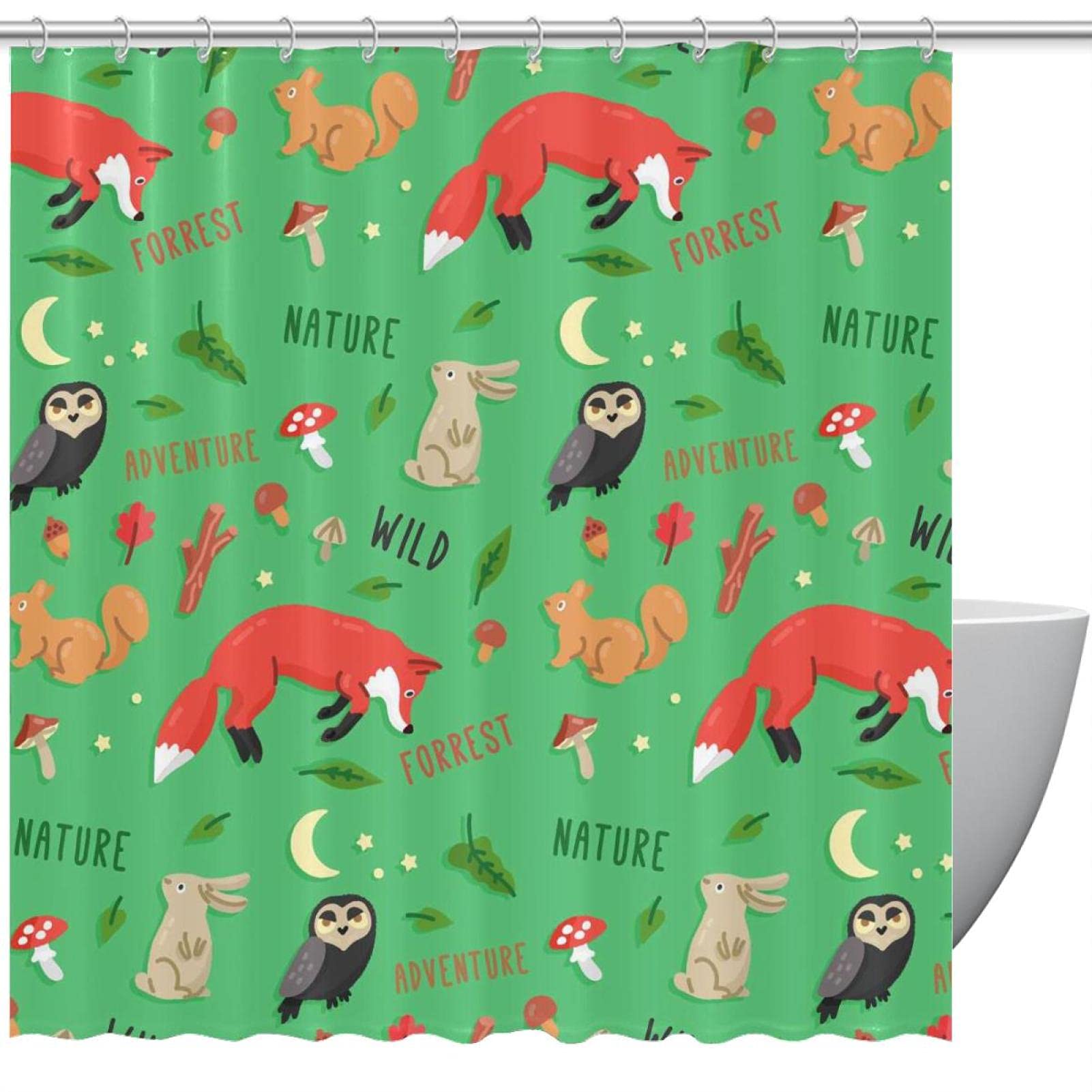 Rideaux de douche vert animaux de la forêt pour salle de bain 60x72 pouces avec 12 crochets