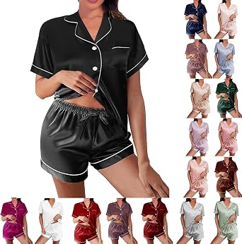 WJing Yi Jia Womens Silk Satin Pajamas Loungewear Two-Piece Sleepwear Button-Down Floral Pj Set