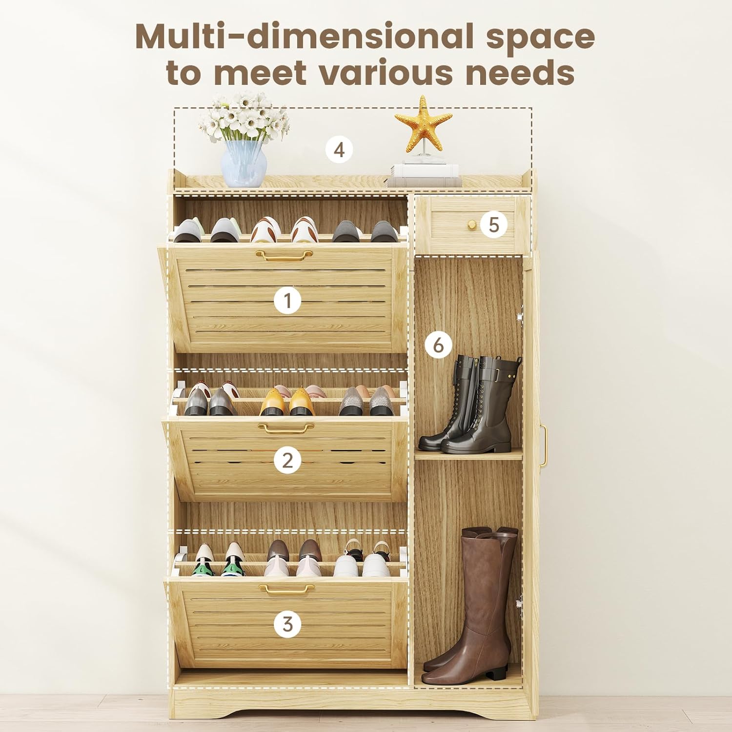 Shoe Cabinet Storage for Entryway, Shoe Storage Cabinet with 3 Flip Drawers, Drawer & Adjustable Shelves, Slim Shoe Organizer for Entryway, Modern Shoe Cabinet for Hallway, Bedroom