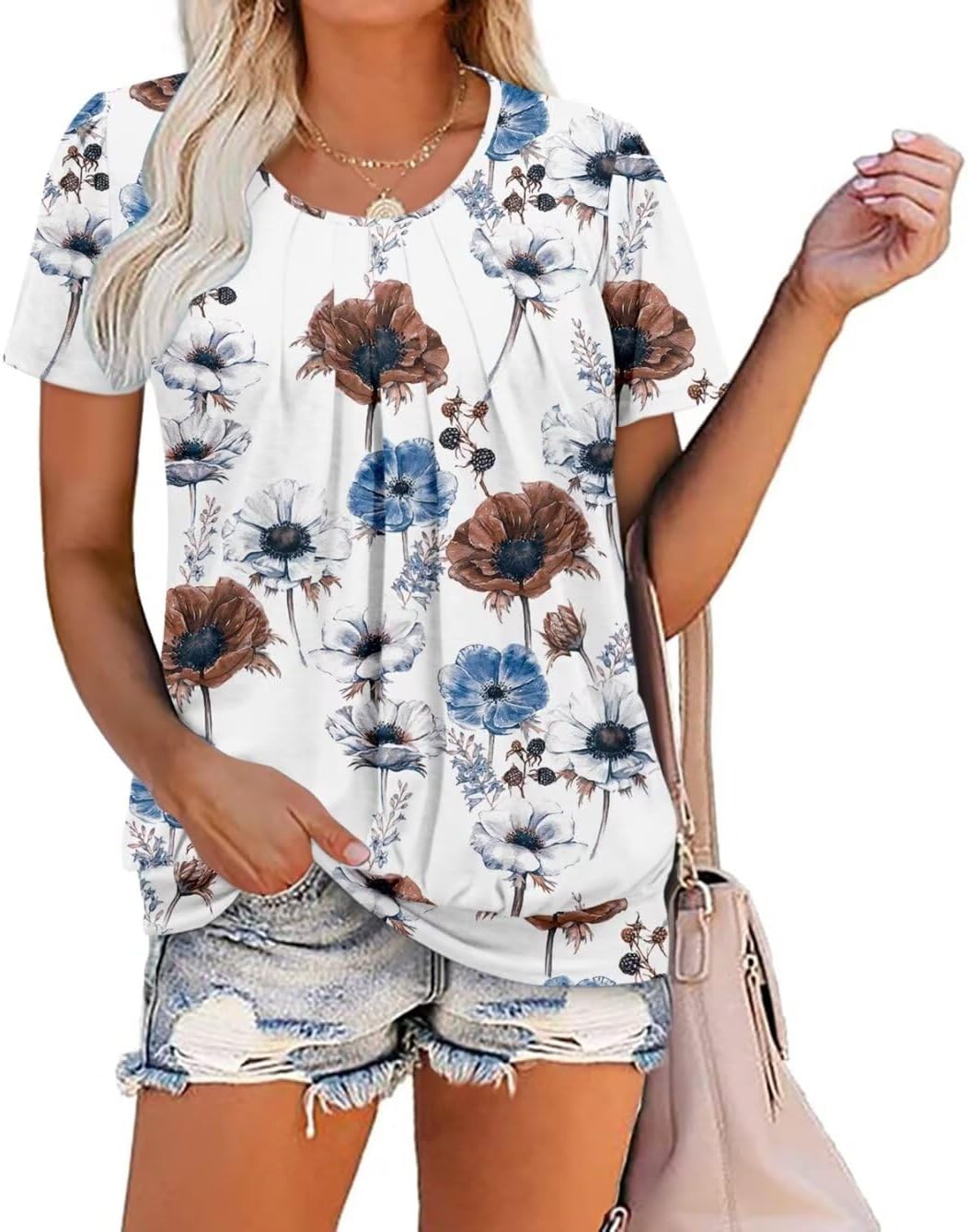 ZOLUCKY Womens Casual Short Sleeve Tunic Tops Scoop Neck T Shirts Summer Loose Fit Tunics