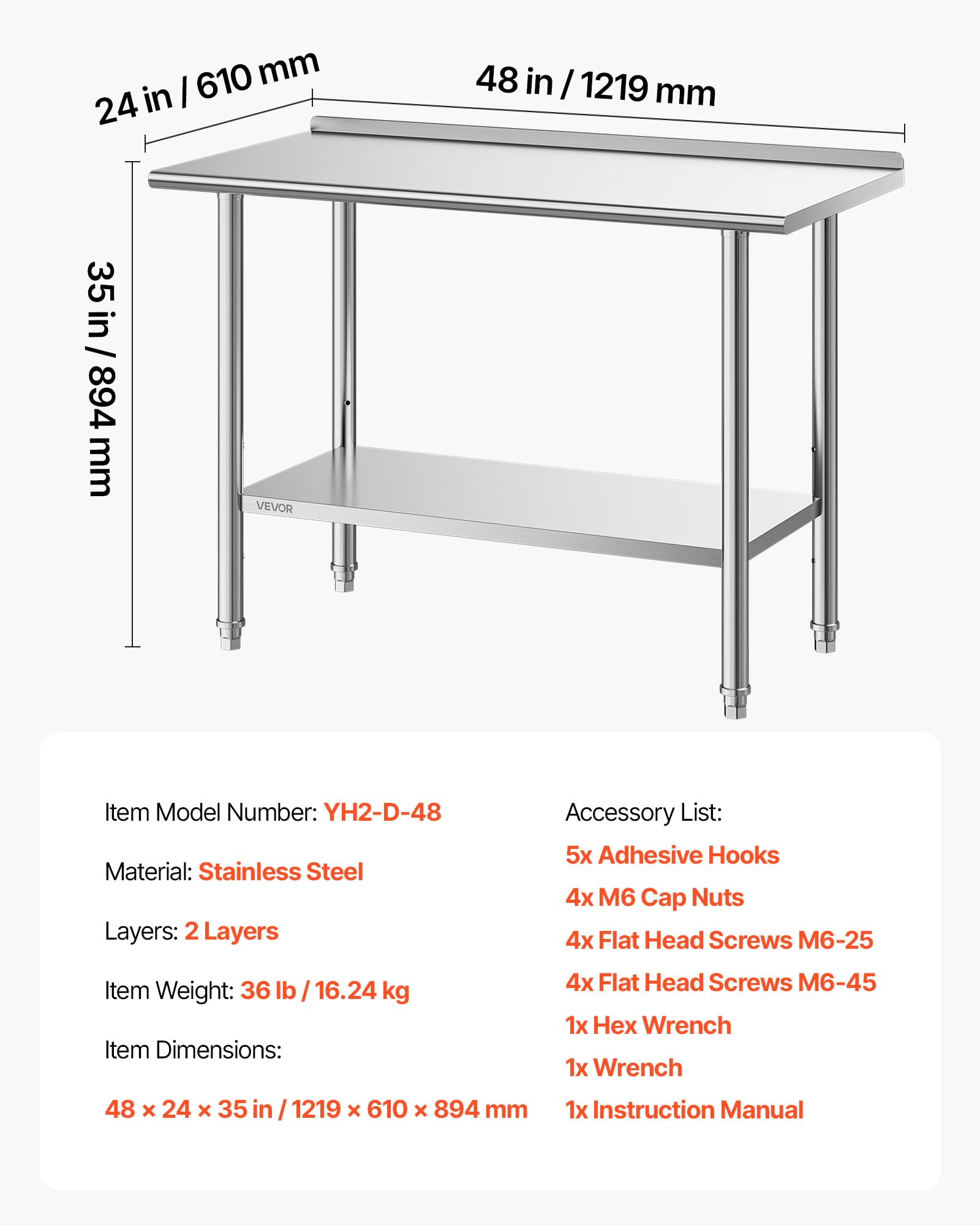 VEVOR Mesa de Trabajo de Acero Inoxidable 2 Niveles, Mesa de Preparación de Alimentos 124,9x61x89,4 cm, Estante Inferior Ajustable, Protector contra Salpicaduras, para Restaurantes, Bares, Hoteles