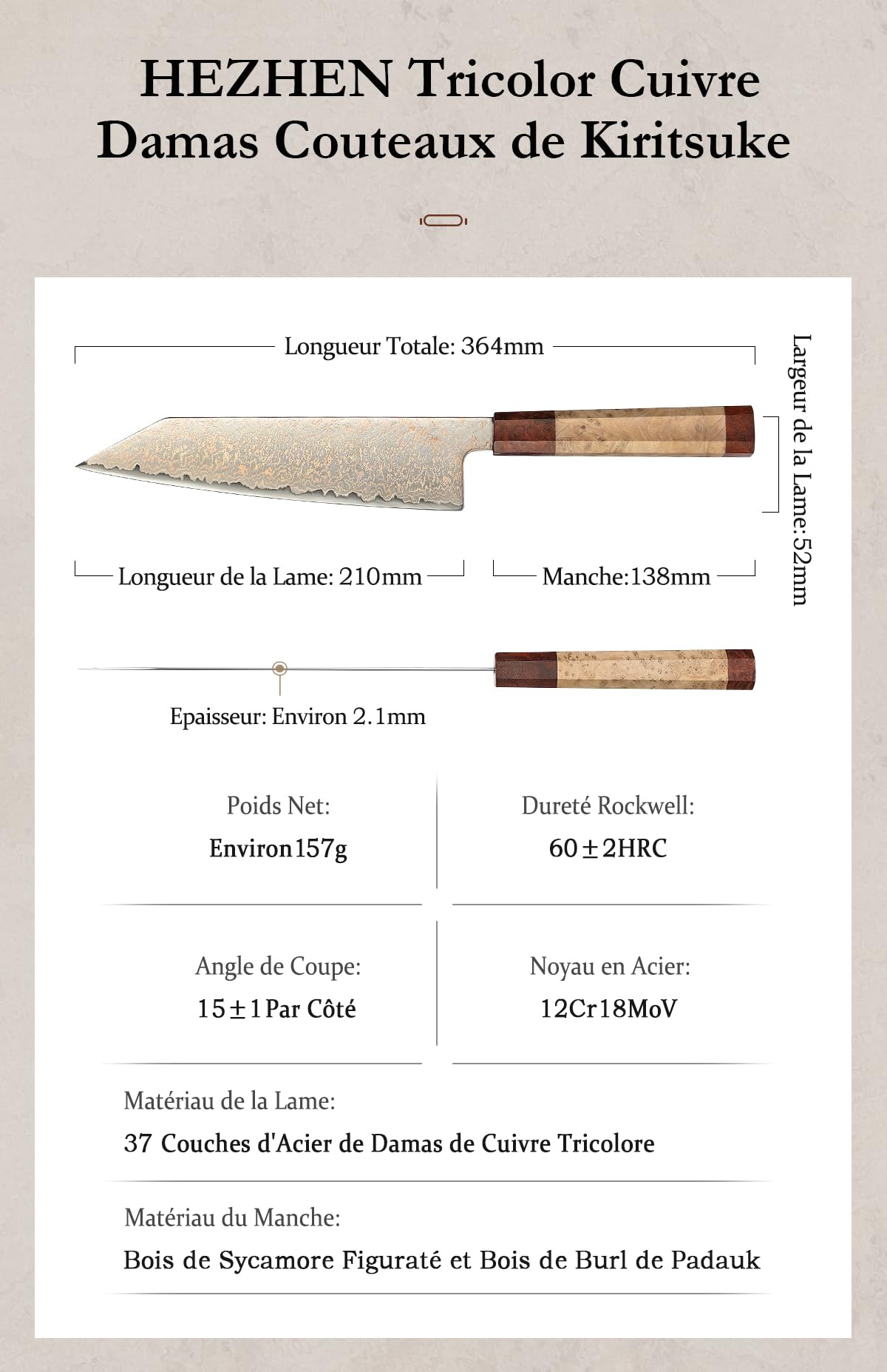 HEZHEN Kiritsuke Couteau de cuisine en acier damassé 33 couches de cuivre, motif damas, couteau de chef japonais Bunka