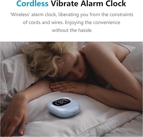 Mesqool Vibrating Alarm Clock for Heavy Sleepers, Battery Operated Rechargeable Bed Shaker Under Pillow, Wireless,Vibration Adjustable, Dual Alarms, Travel Portable Digital Clock for Hearing-impaired