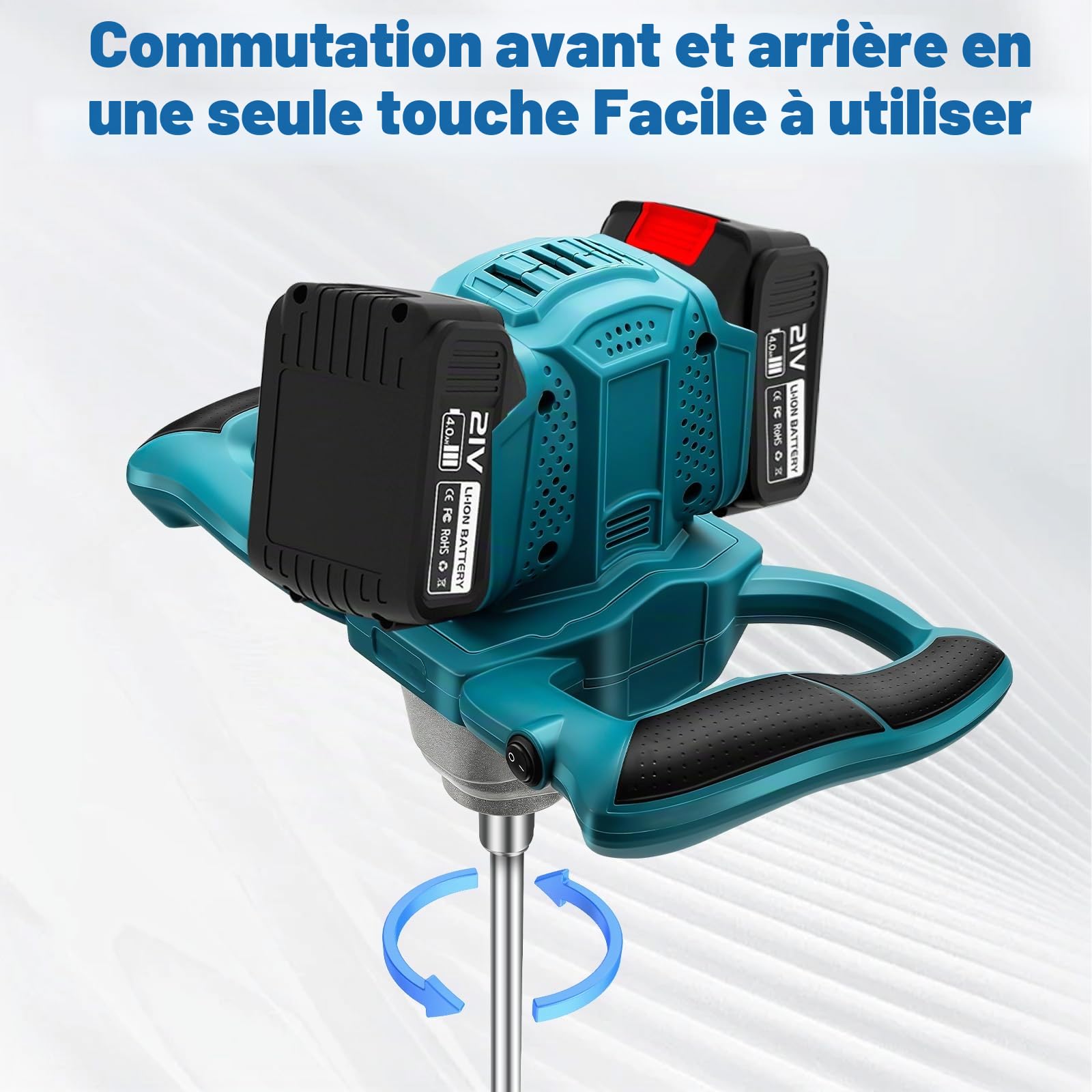 Malaxeur Mortier sans fil avec 2 piles, Mélangeur de mortier de couleur, 1200 W, mélangeur de ciment, 6 vitesses, interrupteur verrouillable, ergonomique, mélangeur industriel pour peinture