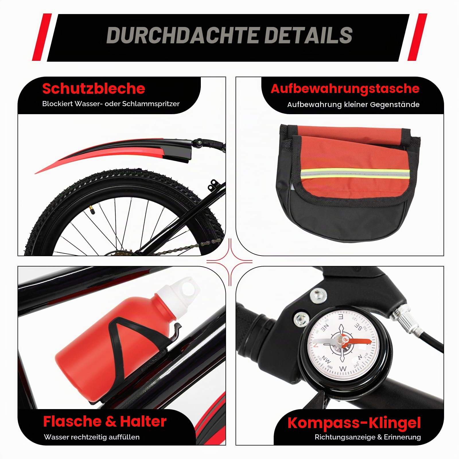 20 Zoll Mountainbike, 7-Gang Fahrrad Kohlenstoffstahl Rahmen, Höhenverstellbar mit Klemmbremse und Haltebremse, Fahrräder mit Wasserbecher-Halter und Kompass-Glocke für Sport Pendeln