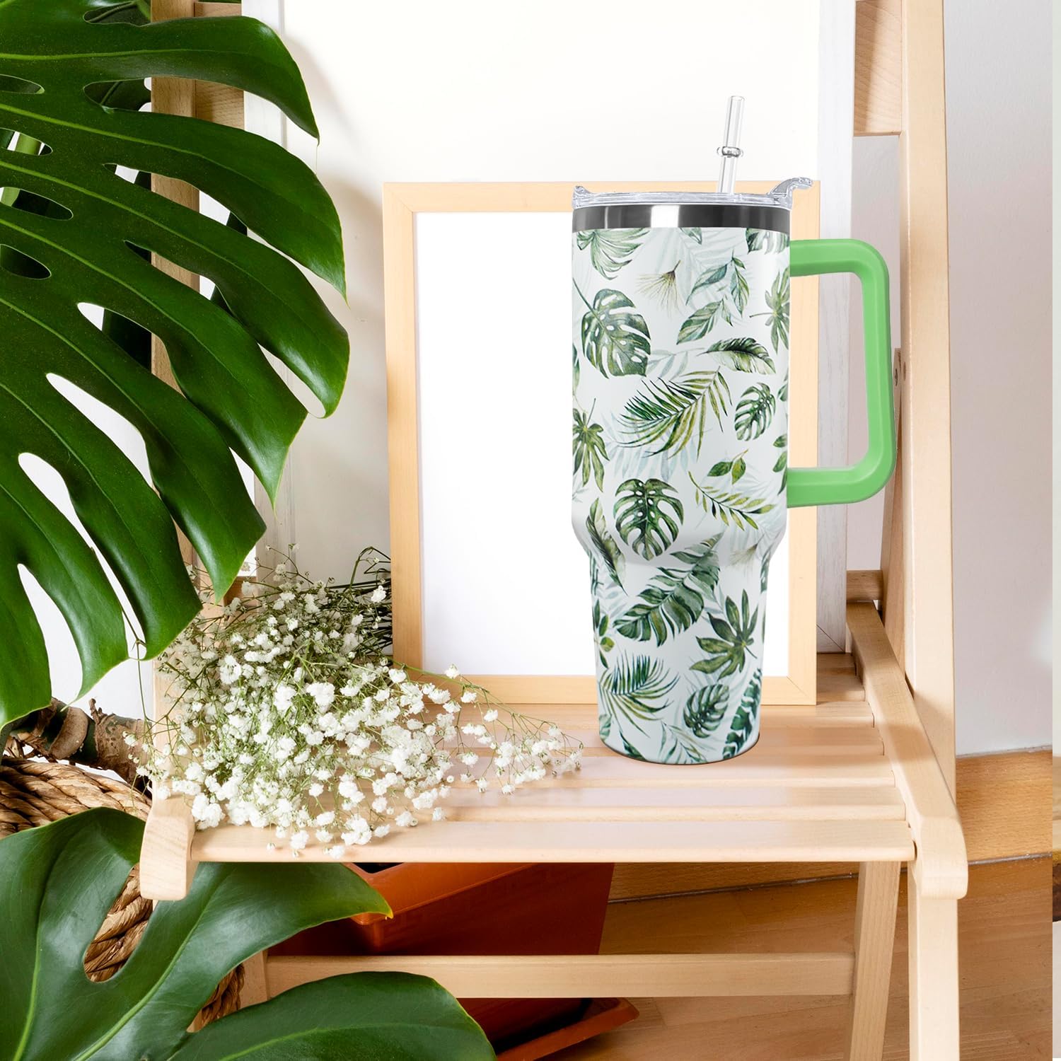 Ceovfoi 40 oz Green Insulated Stainless Tumbler - Tropical Plant Travel Coffee Cup, Water Bottle, Gardeners Gift - Image 6