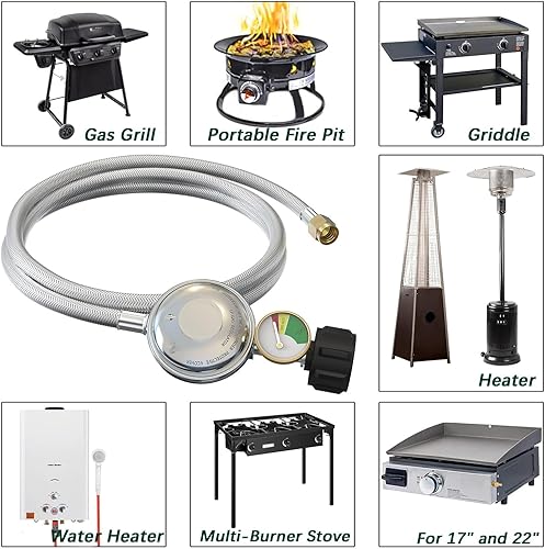 Miniatura 7 de Regulador de propano trenzado de 6 pies y manguera con manómetro, regulador de manguera adaptador de propano QCC1 para tanque de 20 libras con