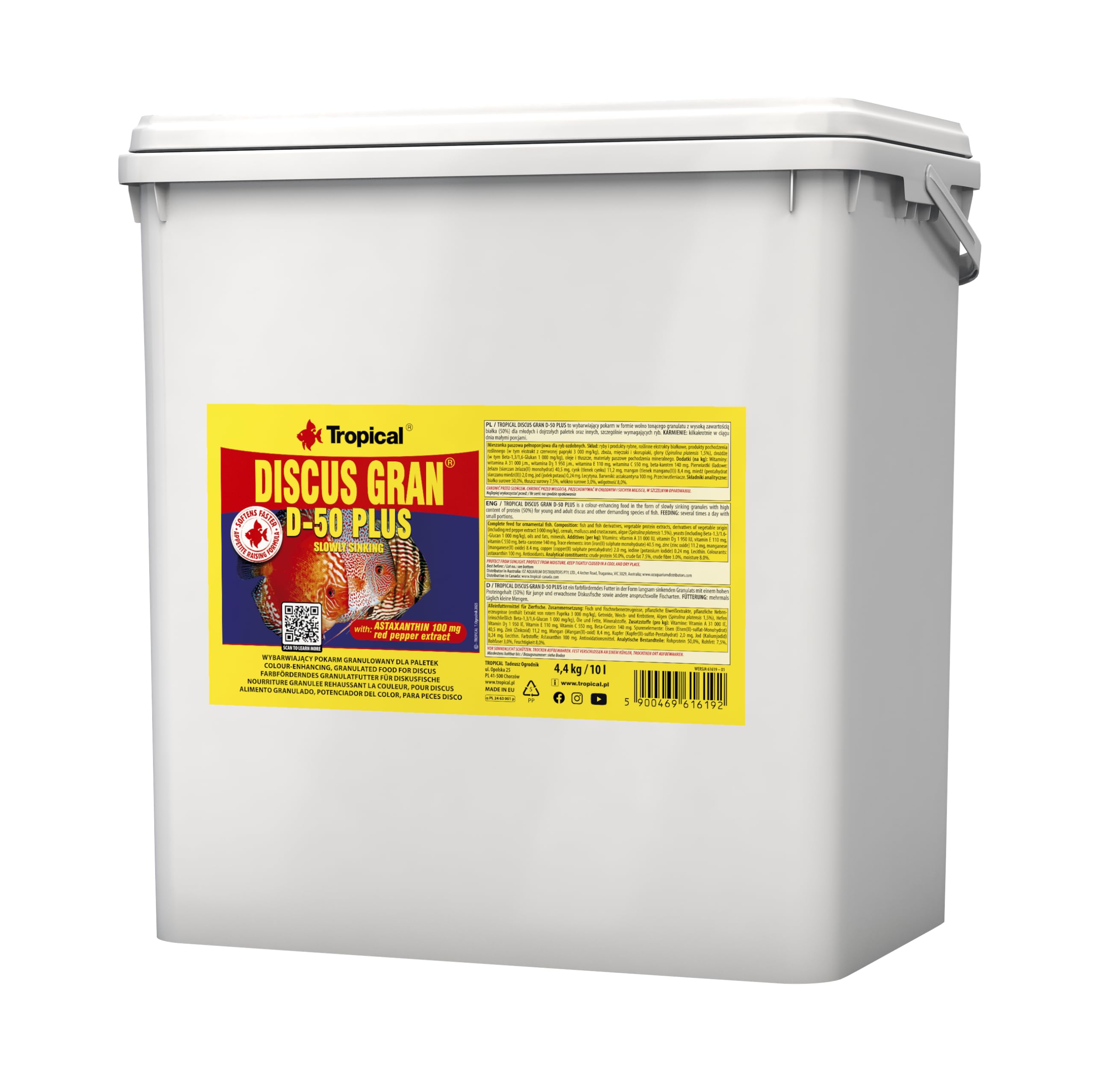 Tropical Discus Gran D-50 Plus 10L / 4,4kg - Alimento granulado, potenciador del Color, para Peces Disco