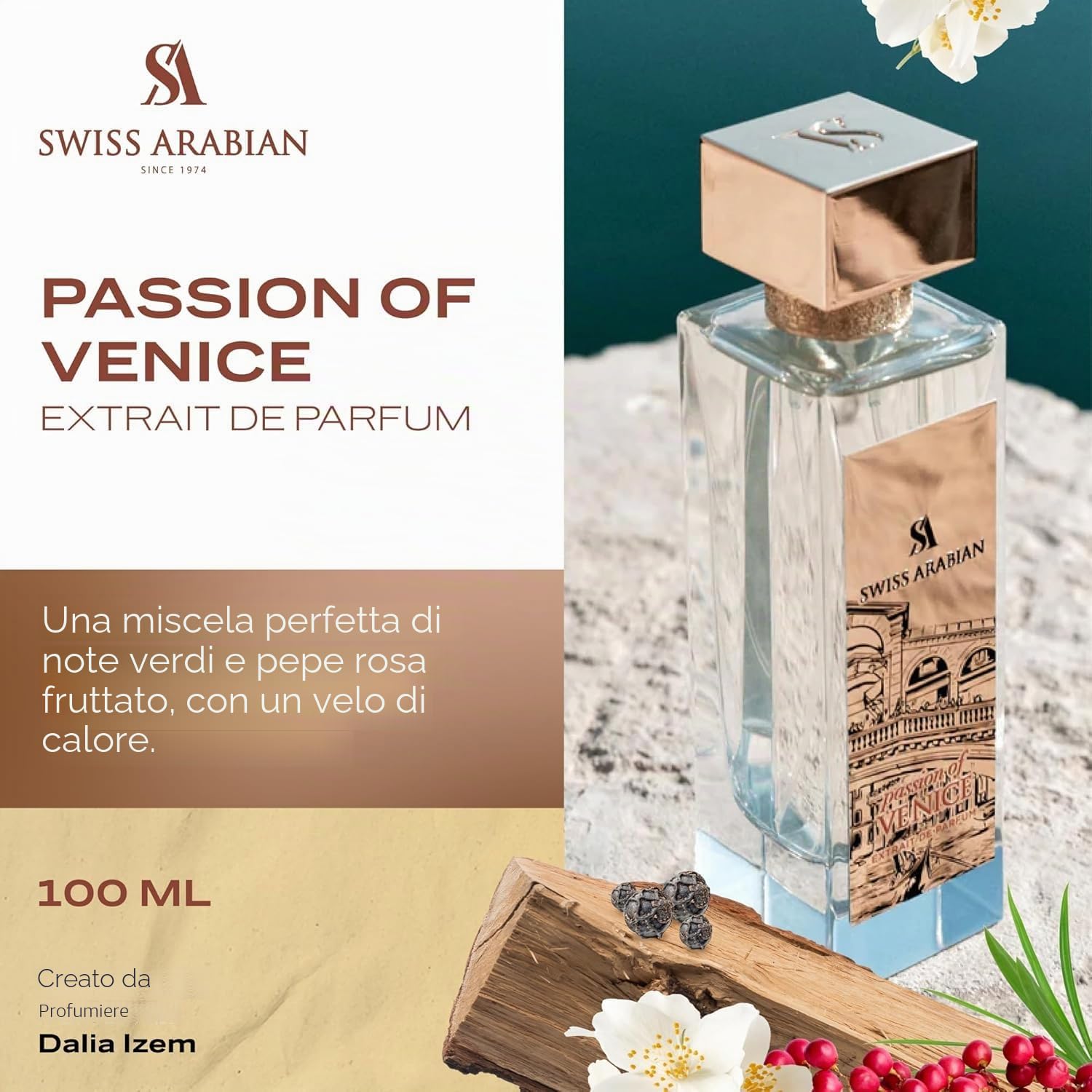 Swiss Arabian Passion of Venice - Estratto di profumo unisex, 100 ml, una lussuosa fusione di note verdi, gelsomino e muschio ambrato caldo, un profumo accattivante e intemporale