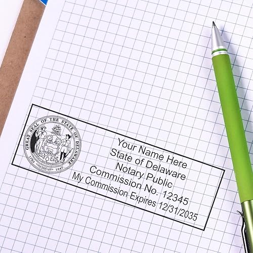 Sello de notario de Delaware, sello de notario Delaware, impresión rectangular, tamaño 78 x 2-14 pulgadas, hasta 5.000 impresiones, fácil de