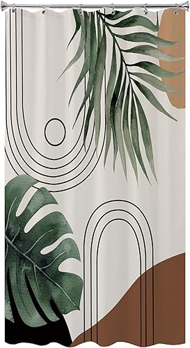 Miniatura 5 de Cortina de ducha pequeña, cortina de ducha pequeña con hojas verdes abstractas y tropicales, cortina de ducha bohemia para baño, cortina de ducha de