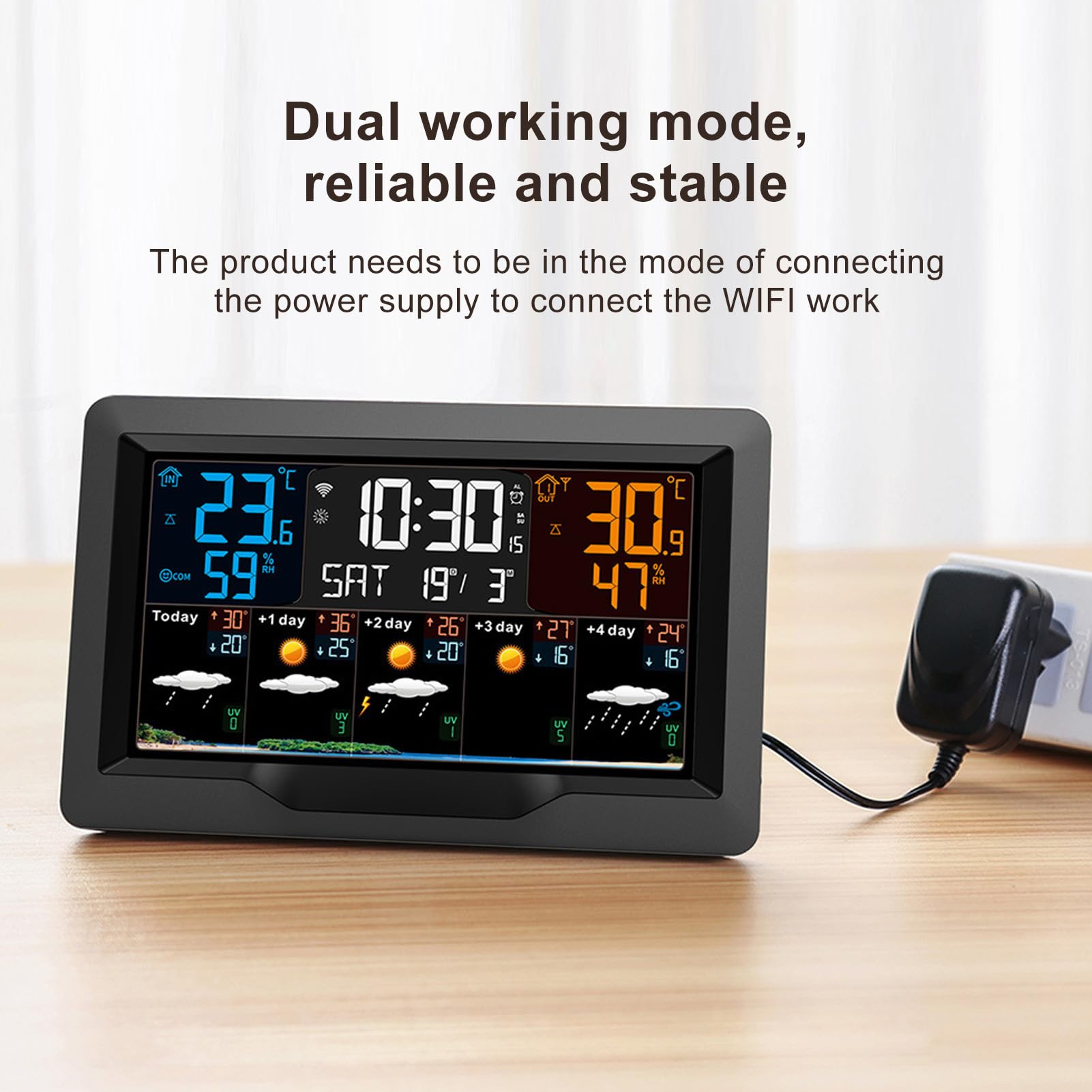 Buachois Horloge météo Intelligente, thermomètre météo numérique pour la Maison, thermomètre météo numérique à Affichage Couleur avec Pression barométrique, alarmes de Vent et de Gel,
