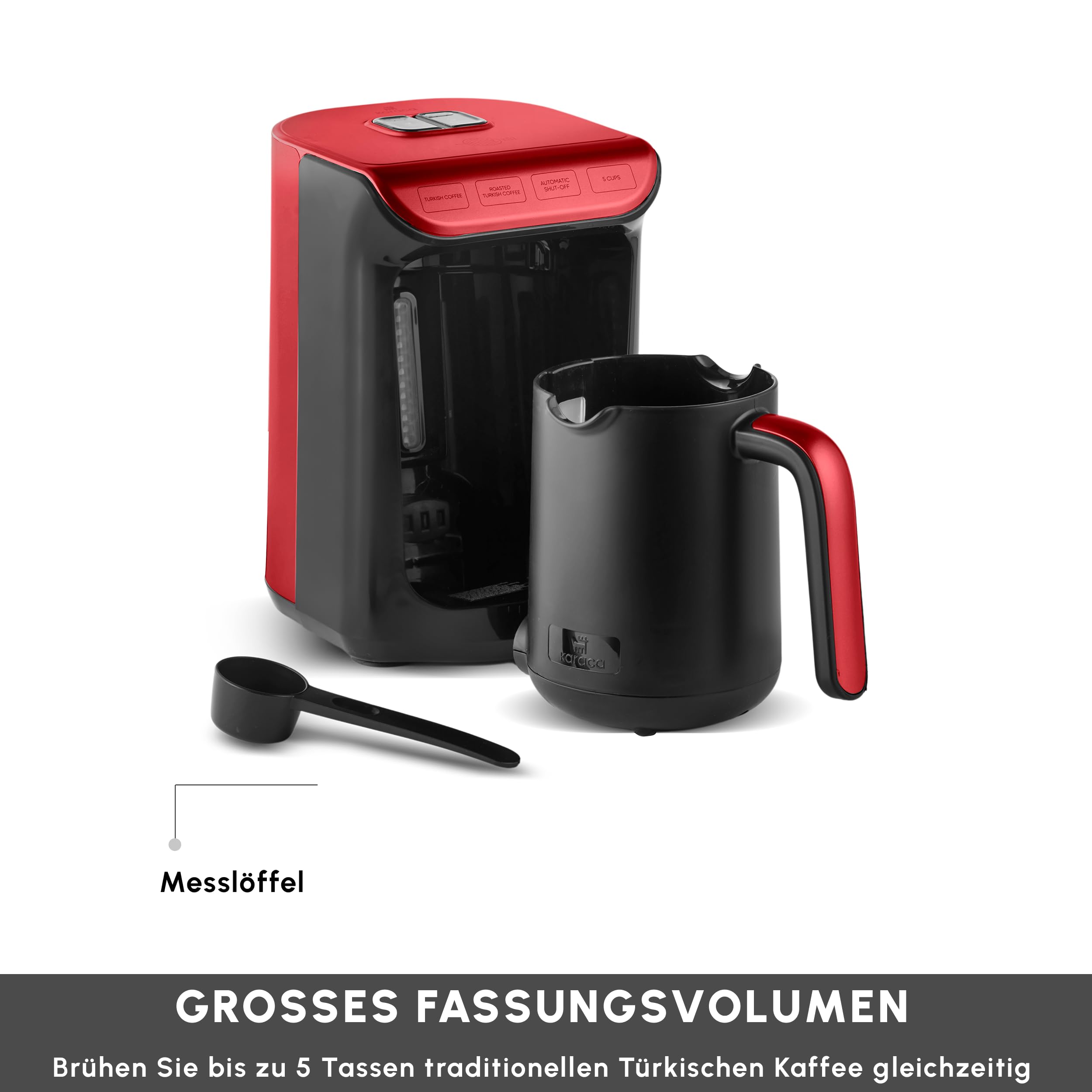 Karaca Hatır Köz turecki ekspres do kawy, pojemność 300 ml, przygotowuje 5 filiżanek kawy po turecku, automatyczne wyłączanie i regulacja temperatury, autentyczny smak węgla drzewnego, 535 W, czerwony