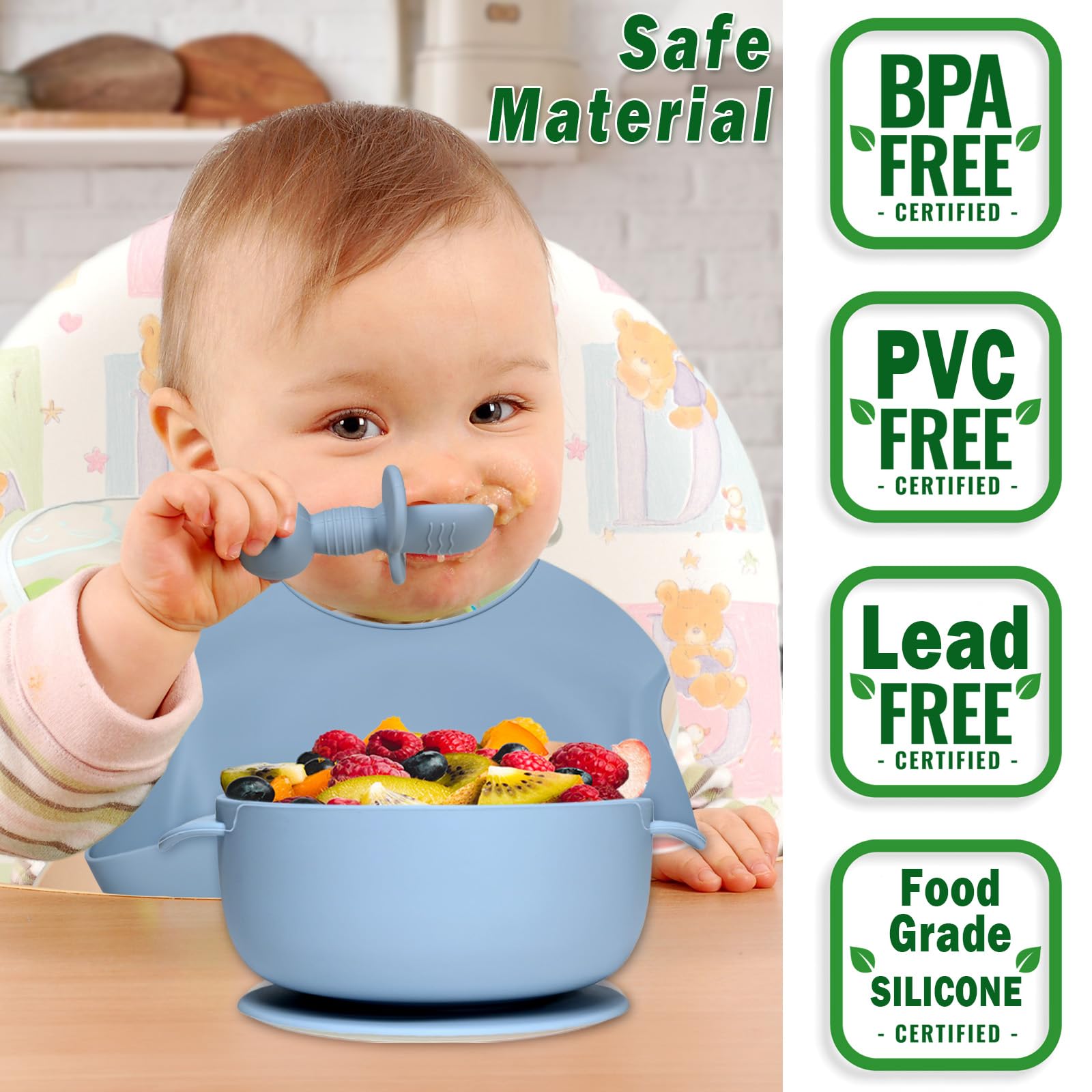 10 Pezzi Set Pappa Svezzamento, Svezzamento Set Silicone Piatto con Ventosa Ciotola Cucchiaio Forchetta Tazza Bavaglino, Training Esercitarsi A Mangiare Da Soli, Set Pappa Svezzamento(Blu)