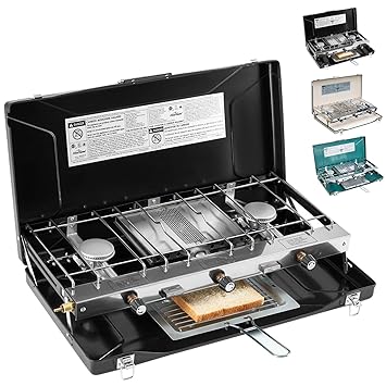 FineFlame Camping Stove 3 Burner 20400 BTU Propane Portable Stove with Regulator, Toast Tray, Windshield for Car Camping BBQ Picnics Outdoor Cooking Camping Gas Stove