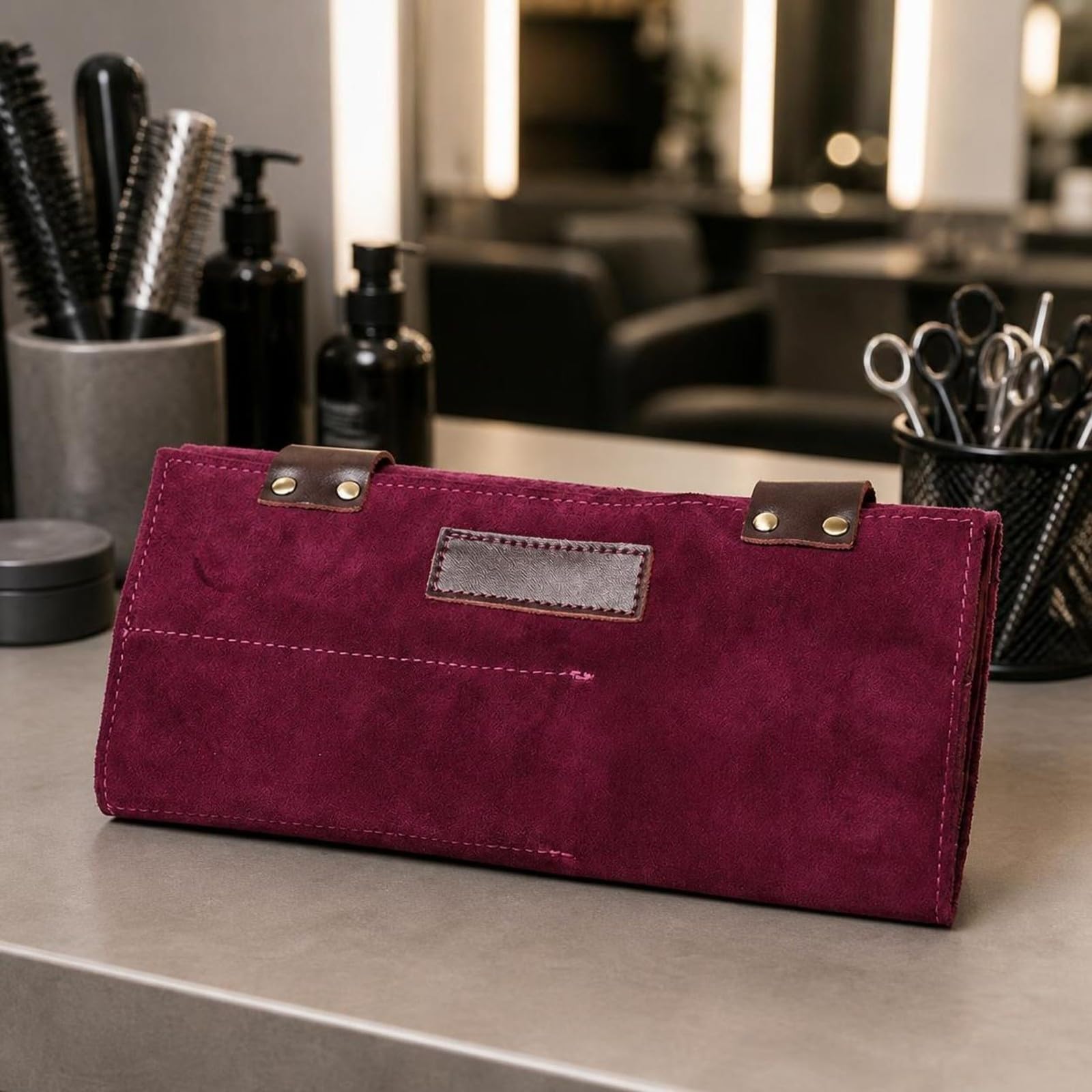 Borsa da Parrucchiere Leggero | Pelle di cuoio Smerigliata, Borsello da Parrucchiere, Resistente, Custodia con Bottoni a Pressione, per Salone, Barberia,