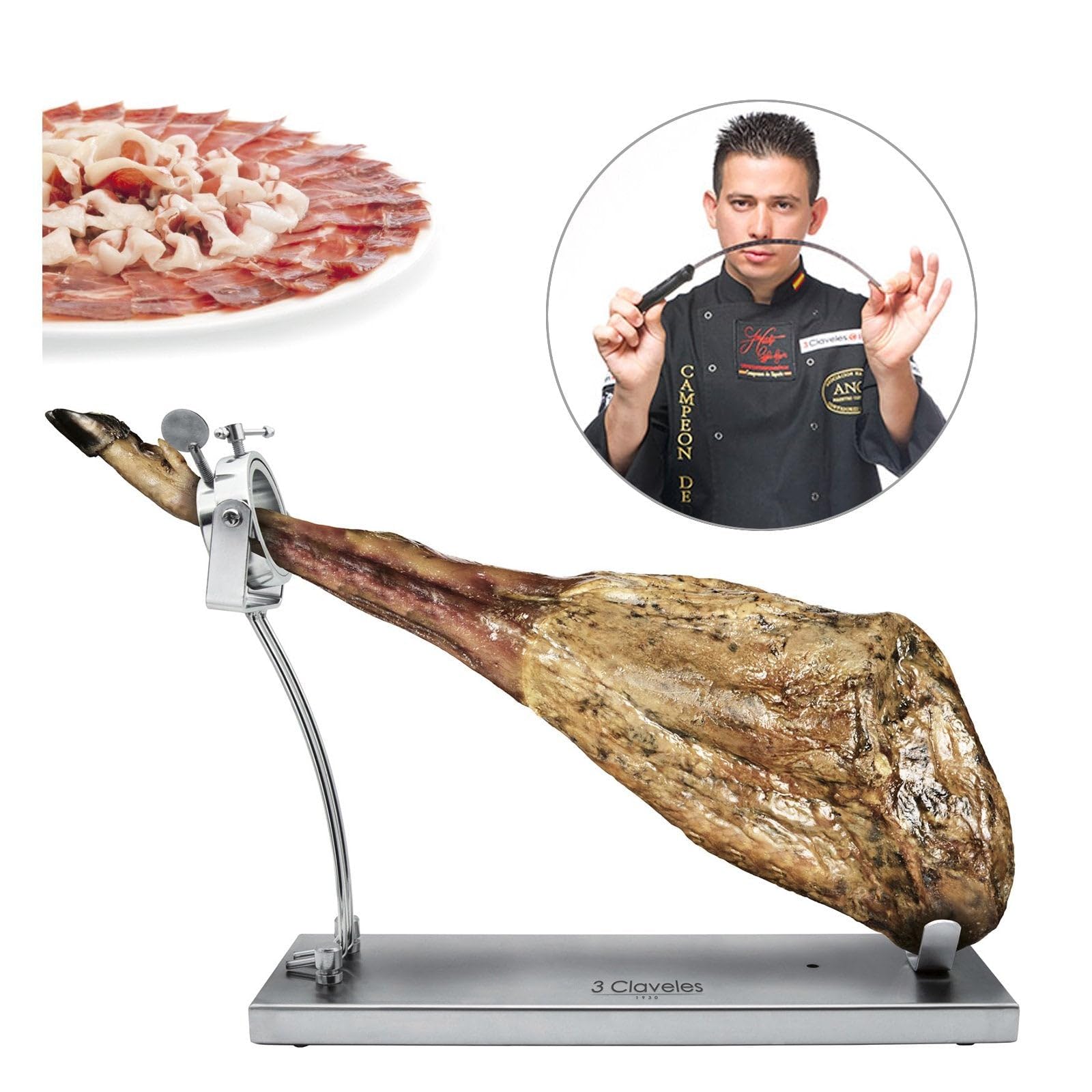 Juego Profesional de Soporte Jamonero Plegable en Acero Inoxidable y Cuchillos 3 Claveles, Funda y Chaira (TC01737K2)