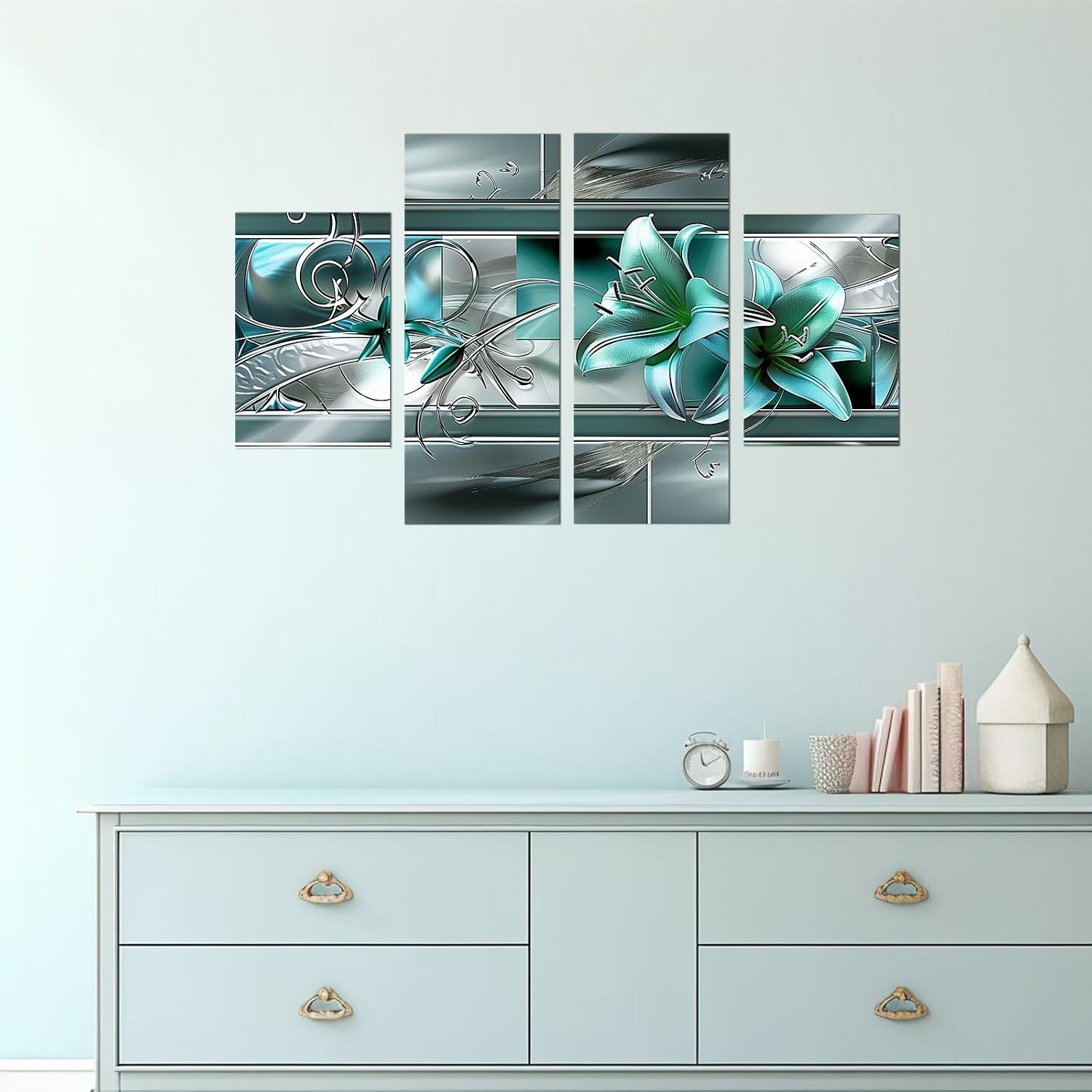 PLIDAAYO Turquoise Orchid Flower Wall Art 4 Pieces Abstract Green Floral Canvas Print Orchid Poster Picture Flower Painting for Living Room Bedroom Kitchen Decor(Flo-03,16"x32"x2,16"x40"x2)