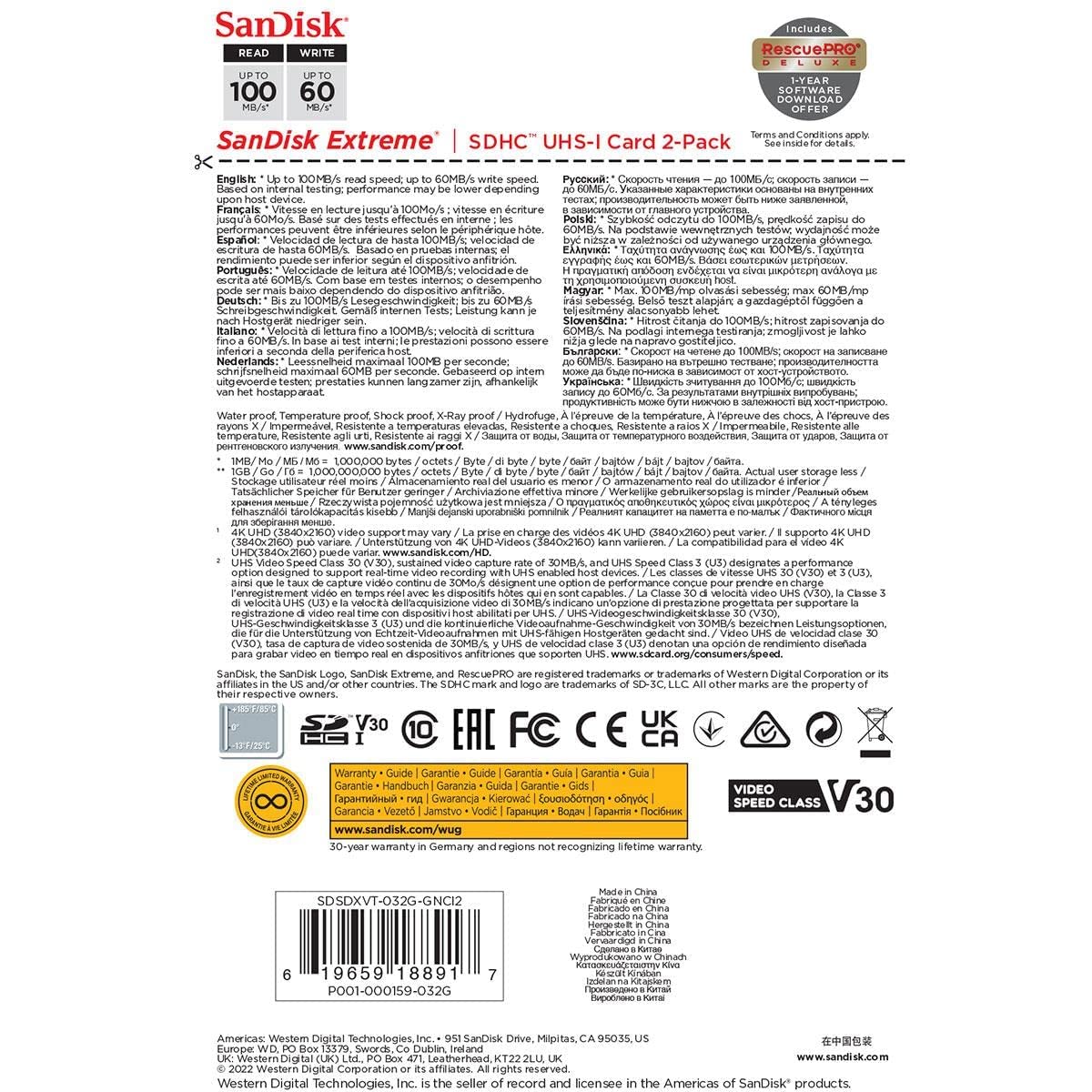 SanDisk 32GB Extreme SDHC cards (2-pack) + RescuePRO Deluxe, up to 100MB/s, UHS-I, Class 10, U3, V30, No color, 32 GB (2-Pack) - Image 3