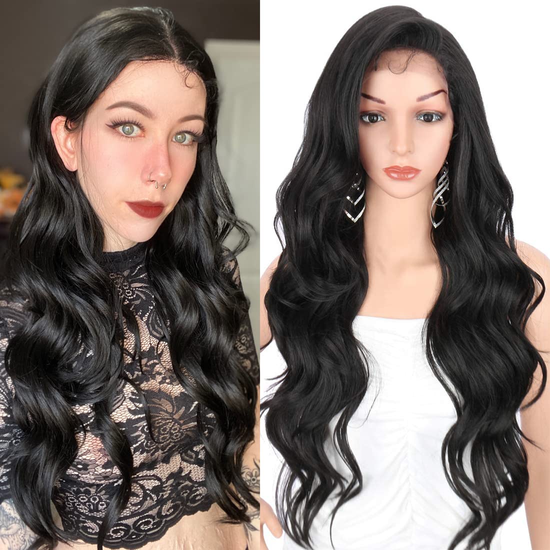 Amazon.com : Kalyss Free Parting 4x4" Synthetic Lace Front Wigs with Baby  Hairs Heat Resistant Natural Looking 130% Density Black Curly Body Wavy  Frontal Lace Hair Wigs for Women,28Inches : Beauty &