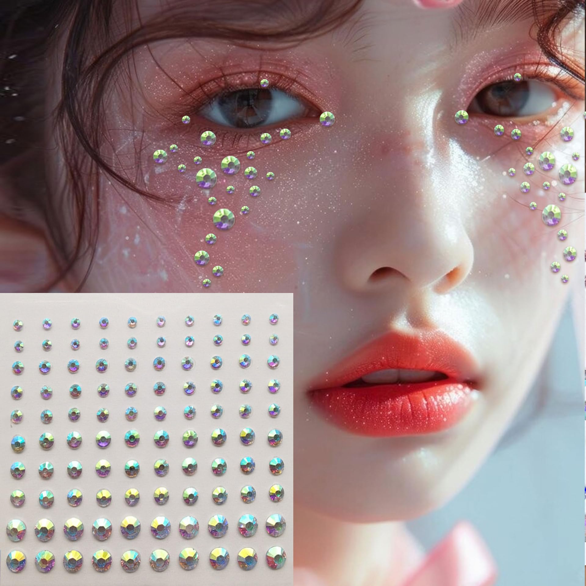 Eye Body Face Gems Jewels Rhinestone Stickers Acrylic Self Adhesive Crystal White AB Makeup Diamonds Face Tattoo Stick Gems for Women Festival Accessory DIY 3 Sheets (F-white ab)