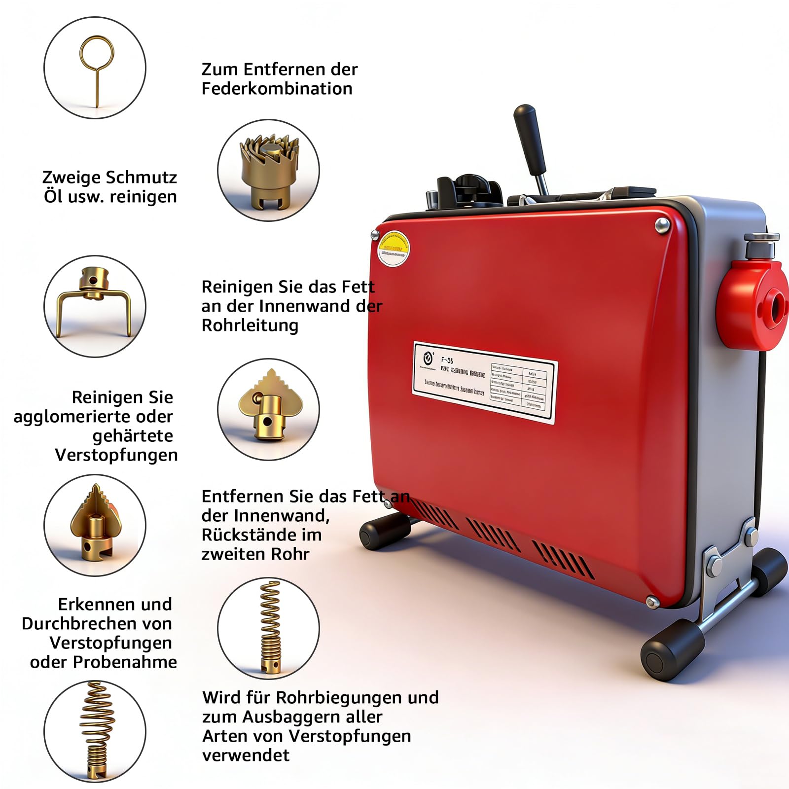 Elektrische Abflussspirale 550W Rohrreinigungsmaschine | 28m Abflussspirale & 7 Bohrköpfe, 400 U/min, Ø16/10mm für Ø20-200mm Rohre | Effektiver Rohrreiniger für Küche, Bad & WC