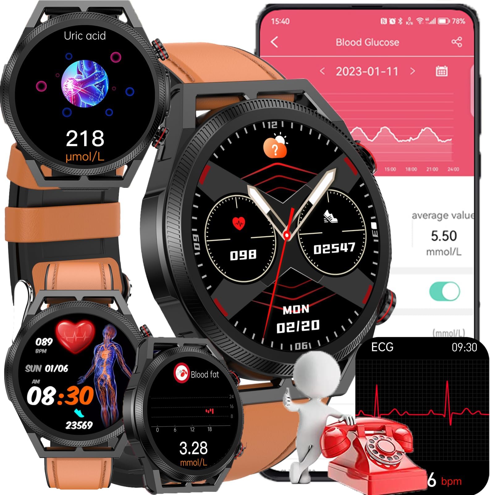 Blood Glucose Smart Watch, ECG HRV Fitness Tracker with Heart Rate Blood Pressure Uric Acid Measurement, Blood Lipid Monitoring, 20 Sports Modes, Text & Call, for Men & Women,Brown