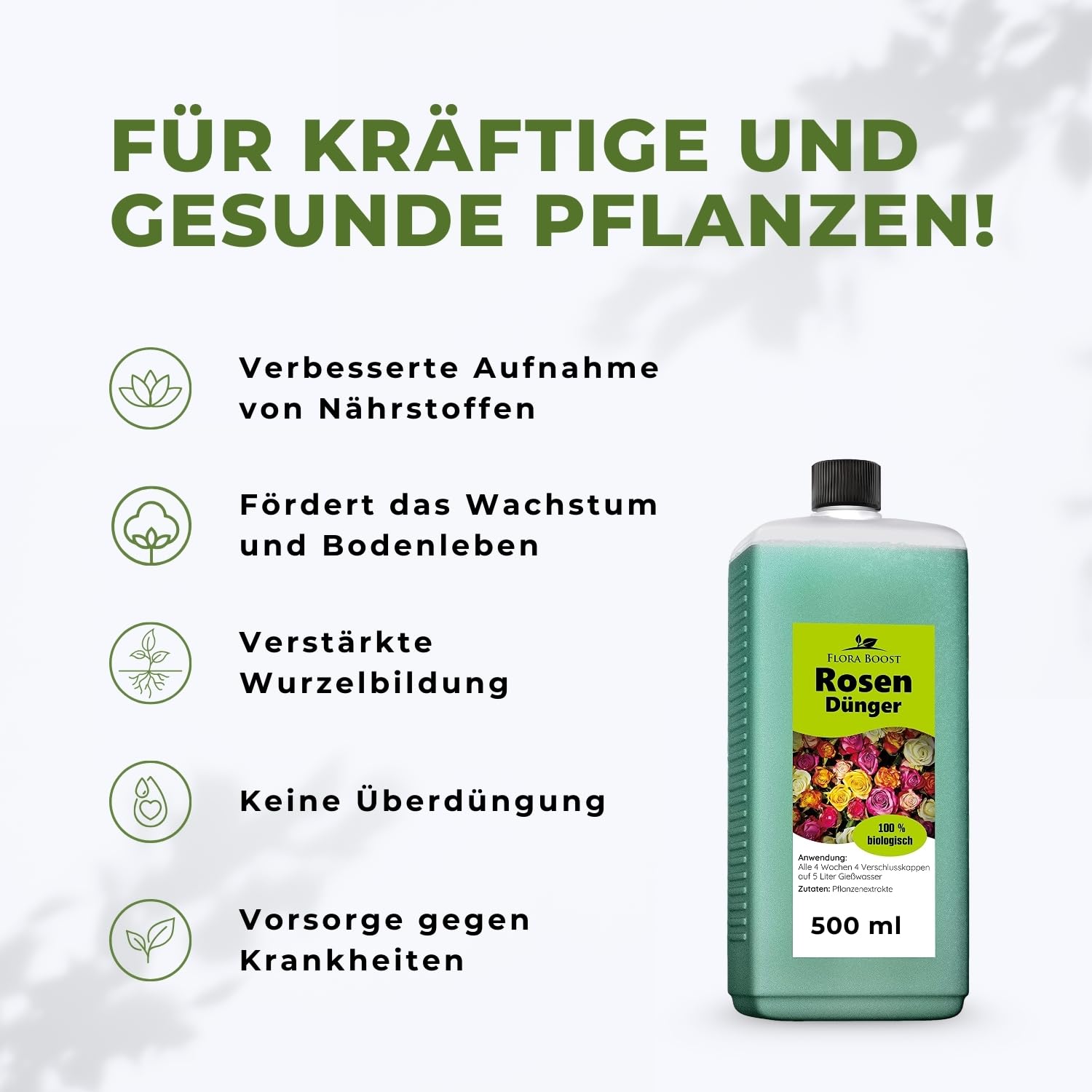Konfitee Rosen Dünger Flora Boost 500ml I Für bis zu 100L Gießwasser I Langzeitdünger für alle Arten von Rosen geeignet I Flüssiger Blatt- & Wurzeldünger I 100% natürlicher Pflanzendünger
