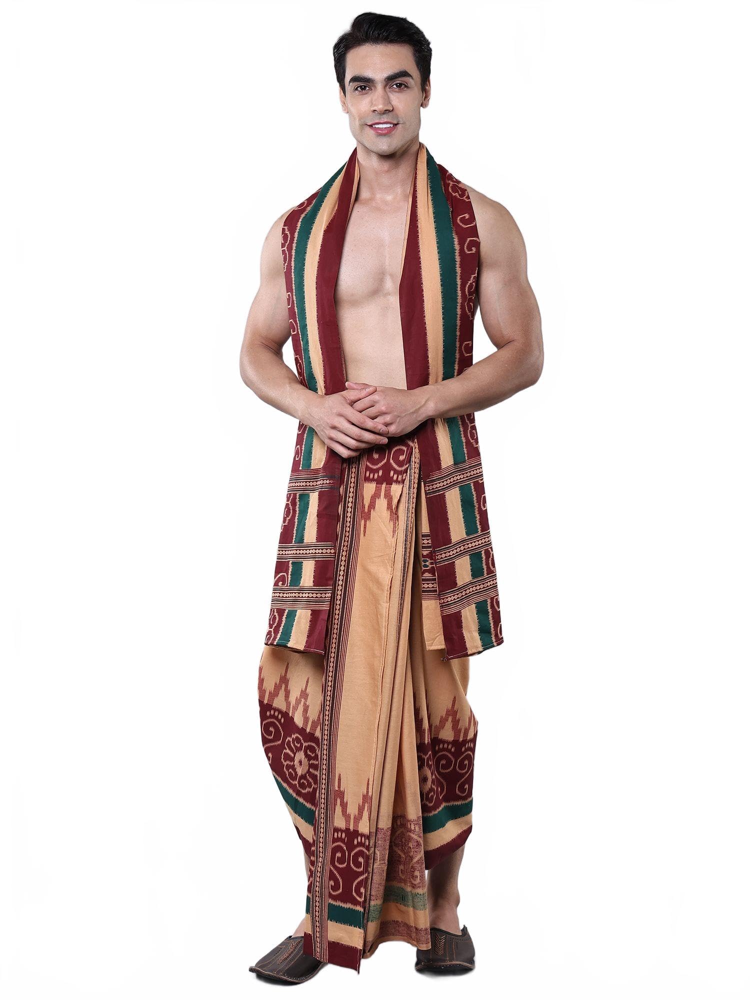 Pure Cotton Dhoti & Angavastram Set Temple Border with Ikat Pattern from Sambalpur | Men's Wear for Engagement-image-35