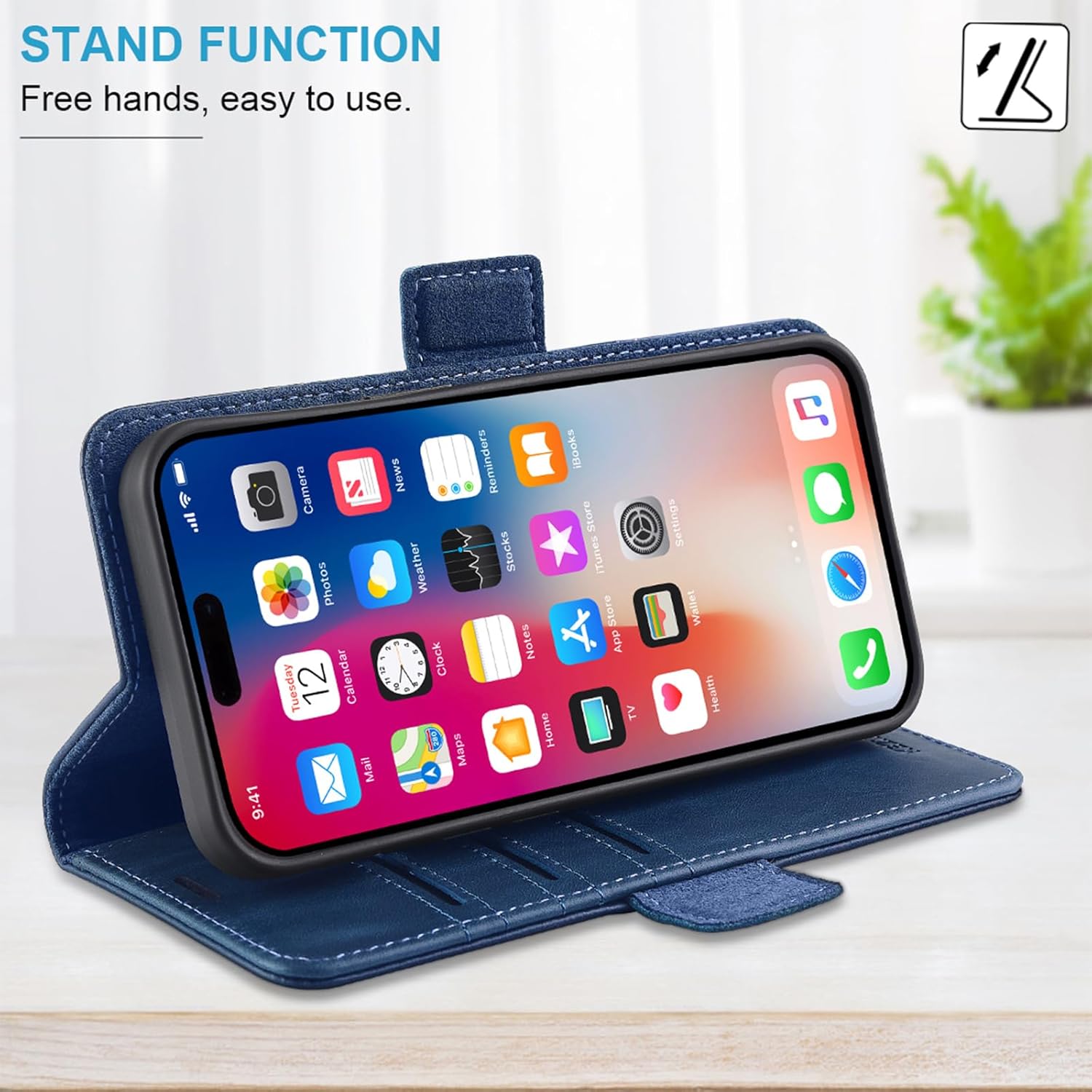 KEZiHOME Wallet Case Compatible with iPhone 16 Pro, Genuine Leather Folio Case with Card Holder, RFID Blocking Magnetic Stand Protective Phone Flip Cover Case for iPhone 16 Pro 6.3 inch 2024 (Blue)