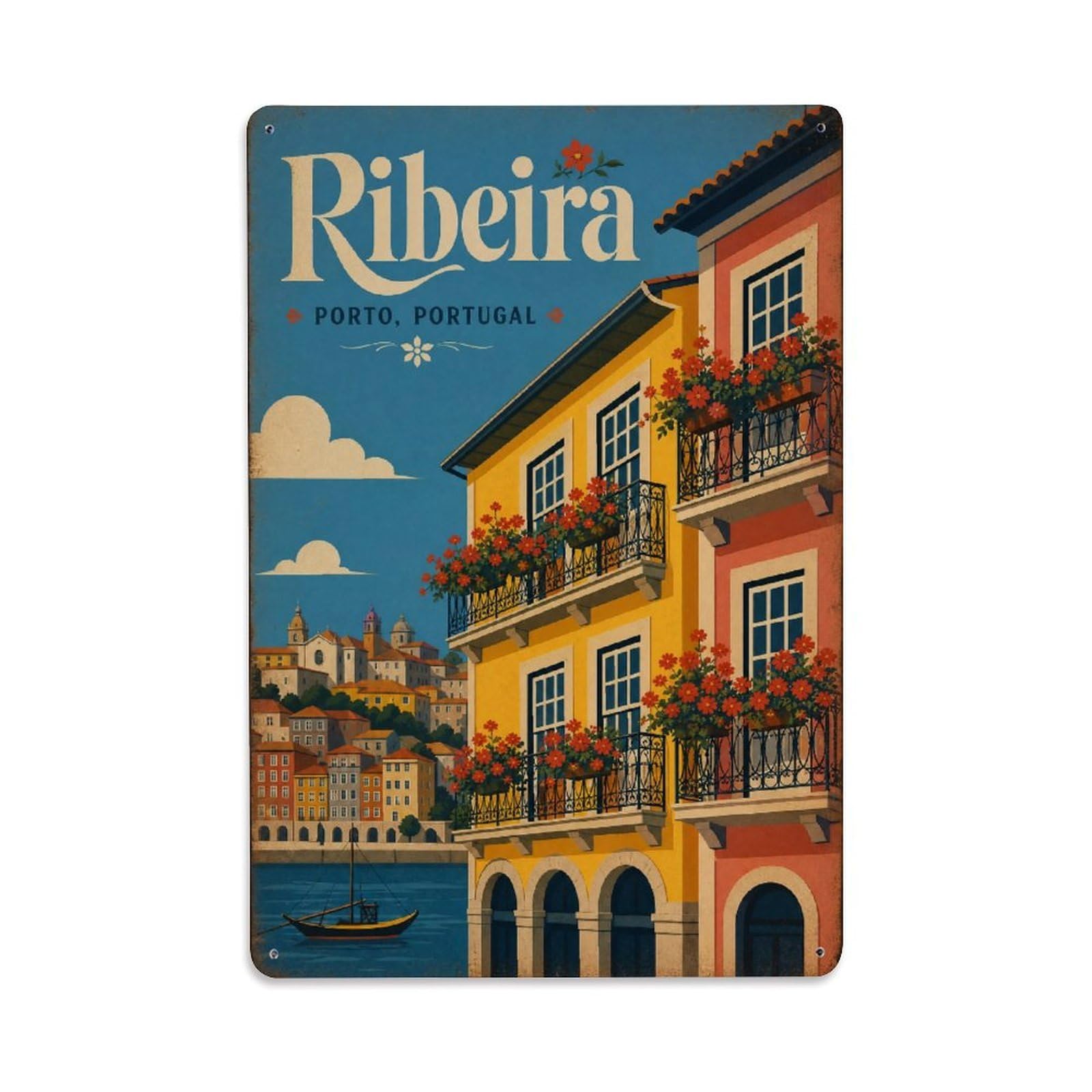 Huiyhb 8X12inch(20X30cm) Vintage Travel Ribeira Balconies Flower Boxes Colorful Portugal Metal Tin Sign