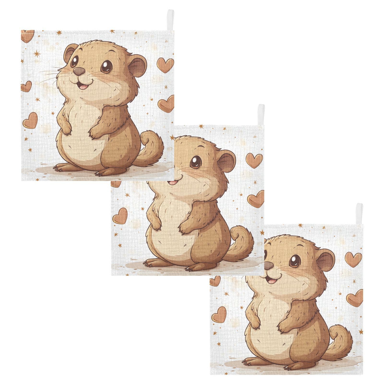STAYTOP Cute Cartoon Hamster Muslin Baby Washcloths Pack of 3 - Soft Face Cloths for Newborn Absorbent Baby