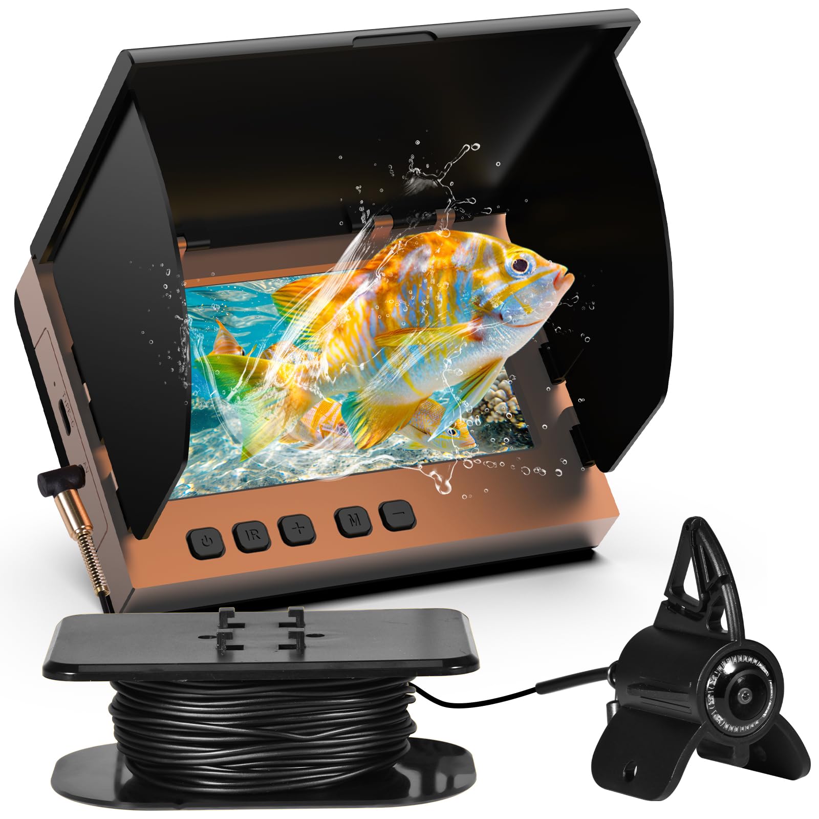 Underwater Fishing Camera, 4.3 Inch LCD, Infrared Night Vision, Wide Angle IP68 Waterproof Portable Fish Camera for Ice, Lake, Boat & Kayak Fishing (Gold)