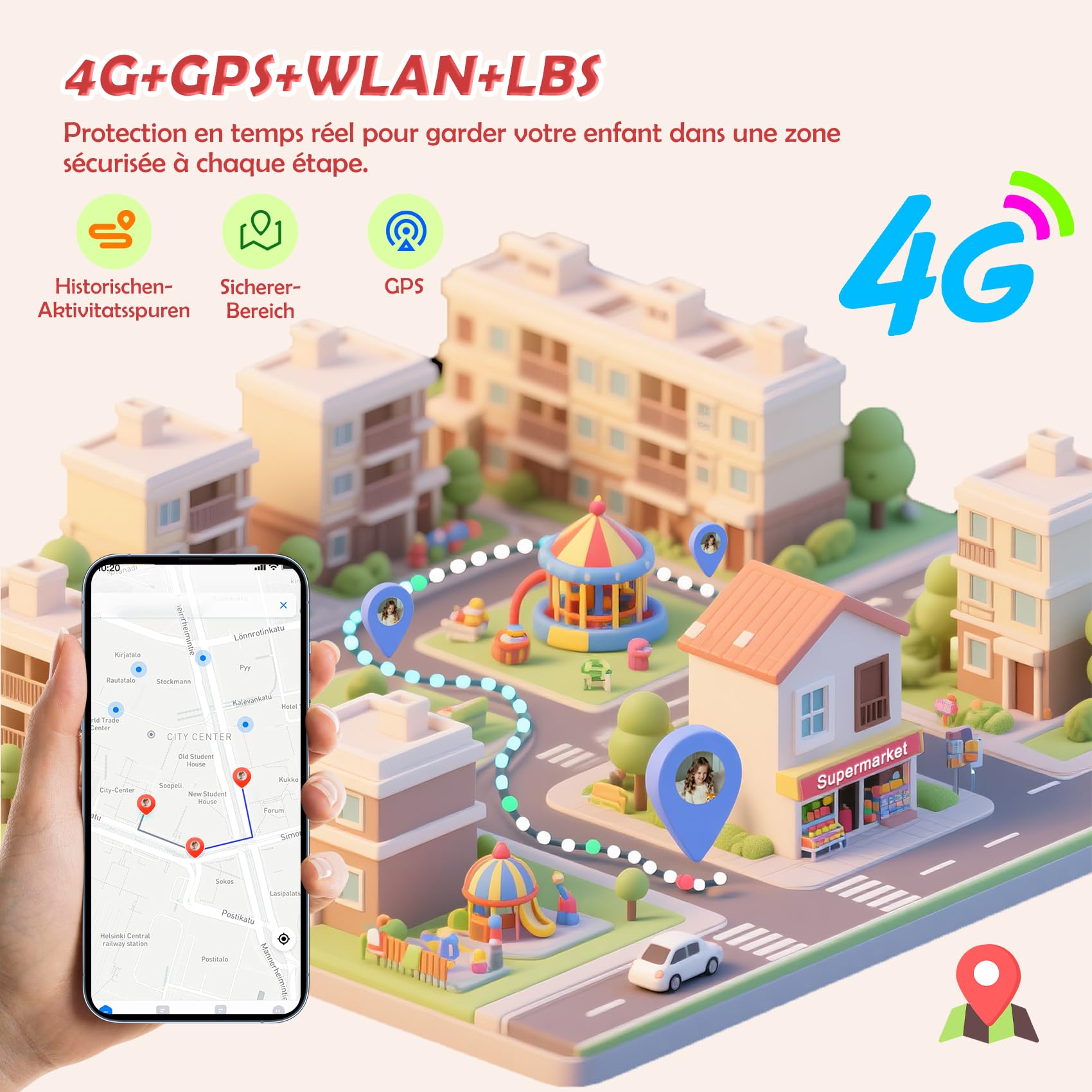 4G Montre Connectée Enfant avec Appel Vidéo et GPS, Compatible Nano SIM, Messages Vocaux, SOS, Mode École, Lampe Torche, Étanche IP67, Podomètre, 2 Modes de Port, Android iOS, pour Filles 4-12 Ans
