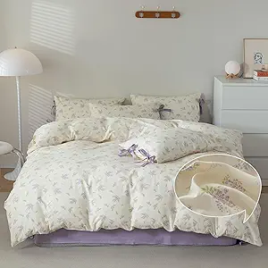 Purple Duvet Cover Set Full 3 Pieces Lavender Floral Duvet Cover with Zipper Closure,Cottagecore Bedding Set 100% Cotton Vintage Country Comforter Cover for Teens Girls without Filling-80"x90"