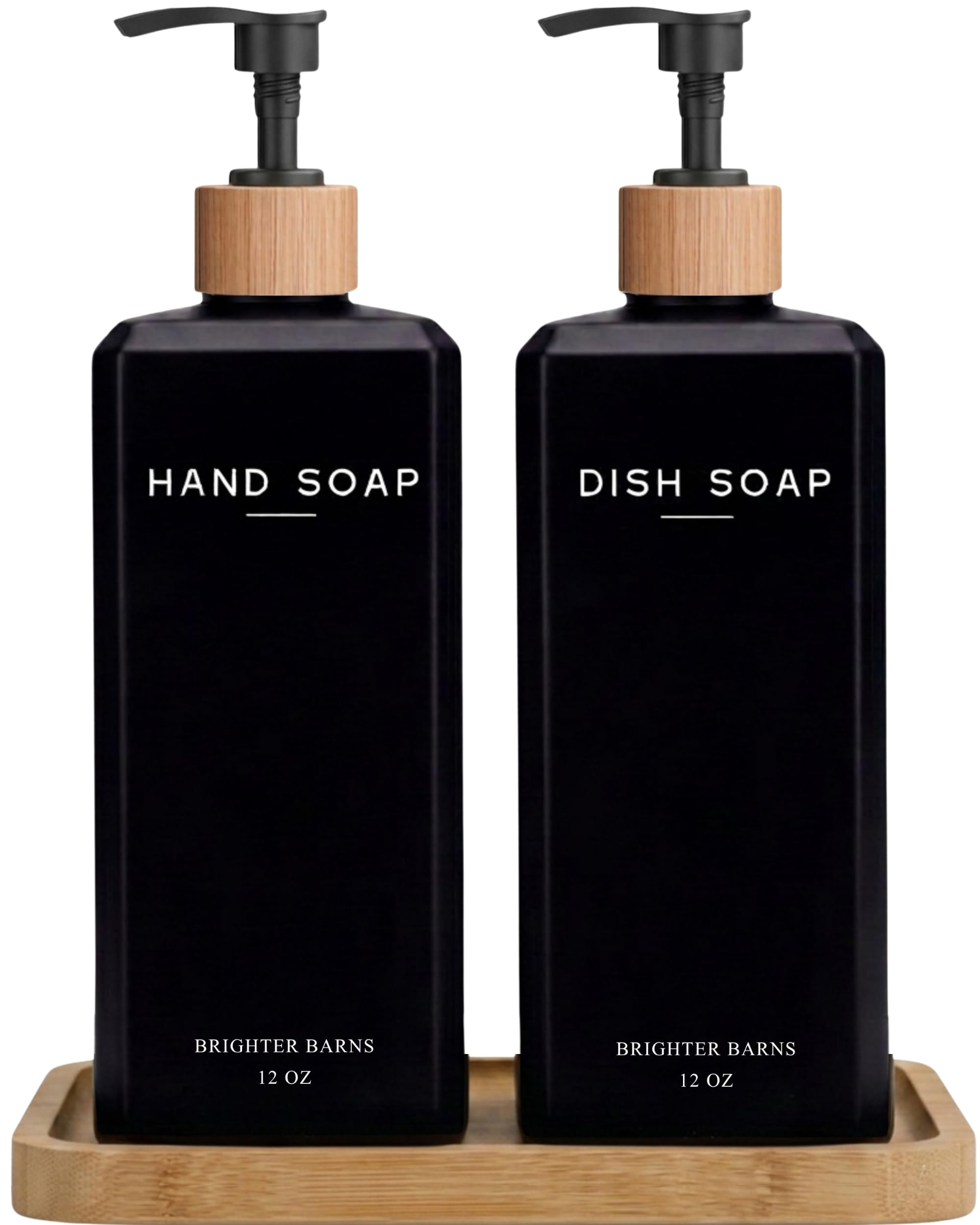 Brighter Barns Hand- und Spülseifenspender-Set aus schwarzem Glas, 340 ml, Küchenseifenspender-Set mit Bambus-Tablett und Pumpe, Boho-moderne Heimdekoration für Küchenspüle, Restaurant, Hotel