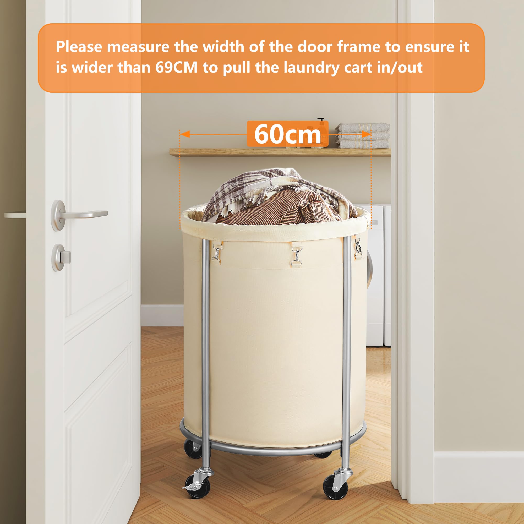 ELYKEN Cesto portabiancheria con ruote, 170 l, cesto portabiancheria con borsa rimovibile e telaio in acciaio, carrello portabiancheria rotondo con 4 ruote e 2 freni, ideale per camera da letto, bagno