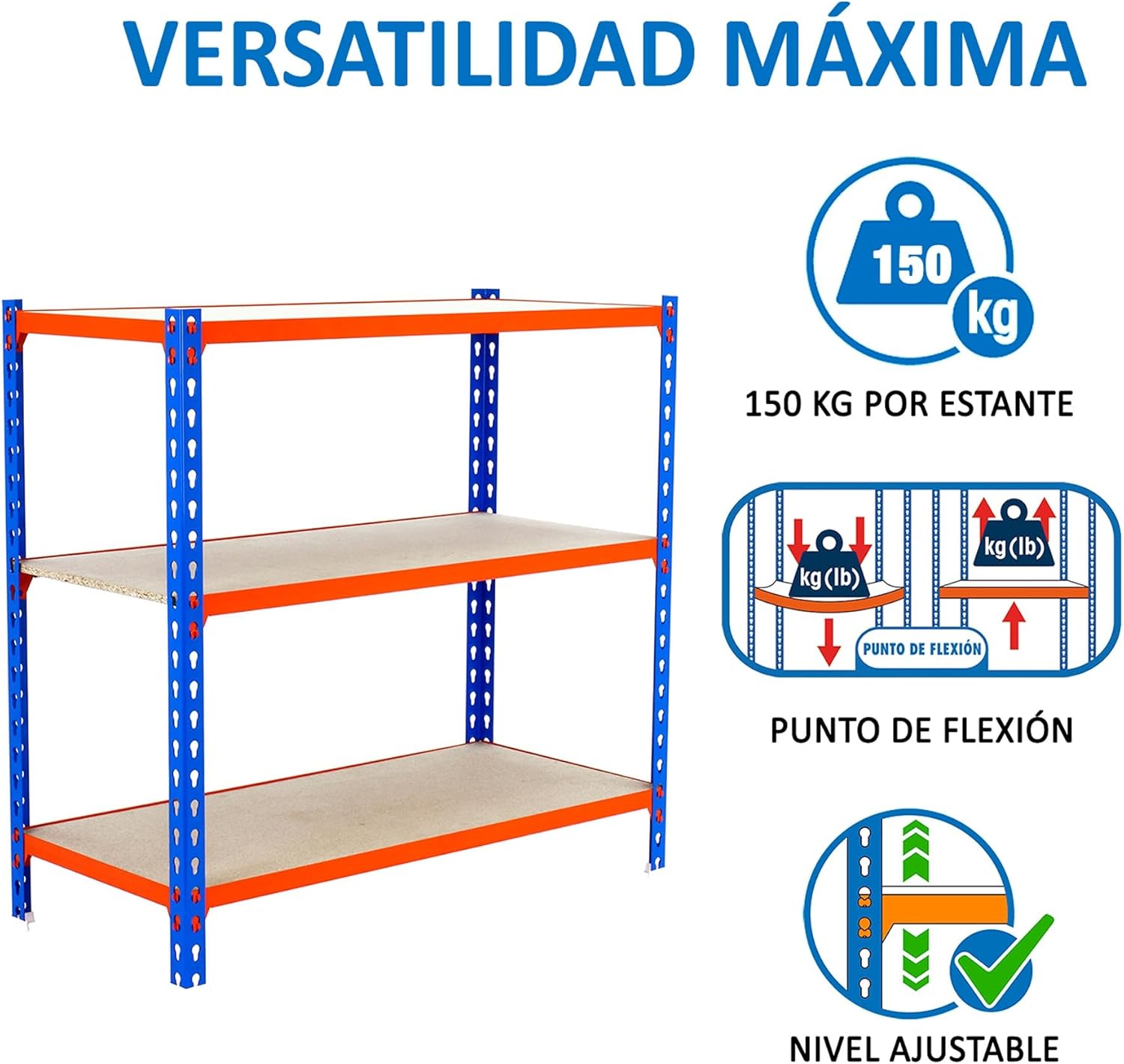 Simon Rack Metal Shelf, 900x1000x300 mm, 3 Heights, Wood Tray, 150 kg Flex Point, Storage Shelf, Blue/Orange/Wood - Maderclick