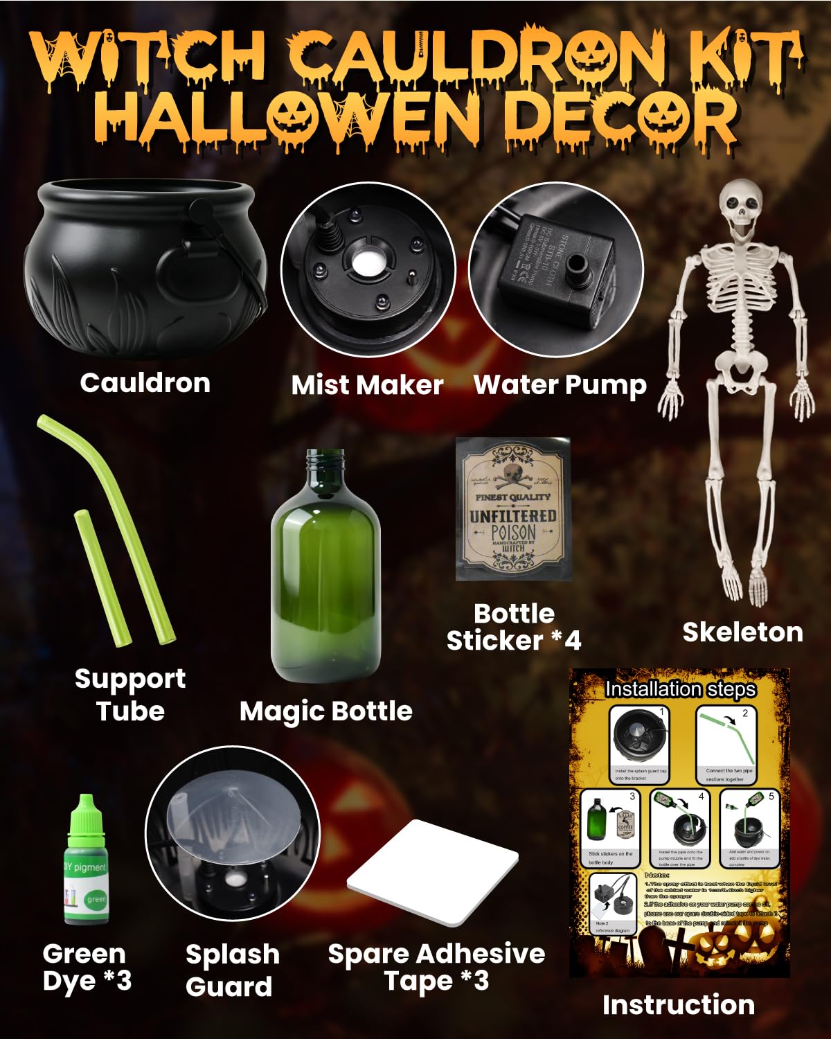 Calderone Decorazione Halloween Interni con Generatore Nebbia & Scheletro